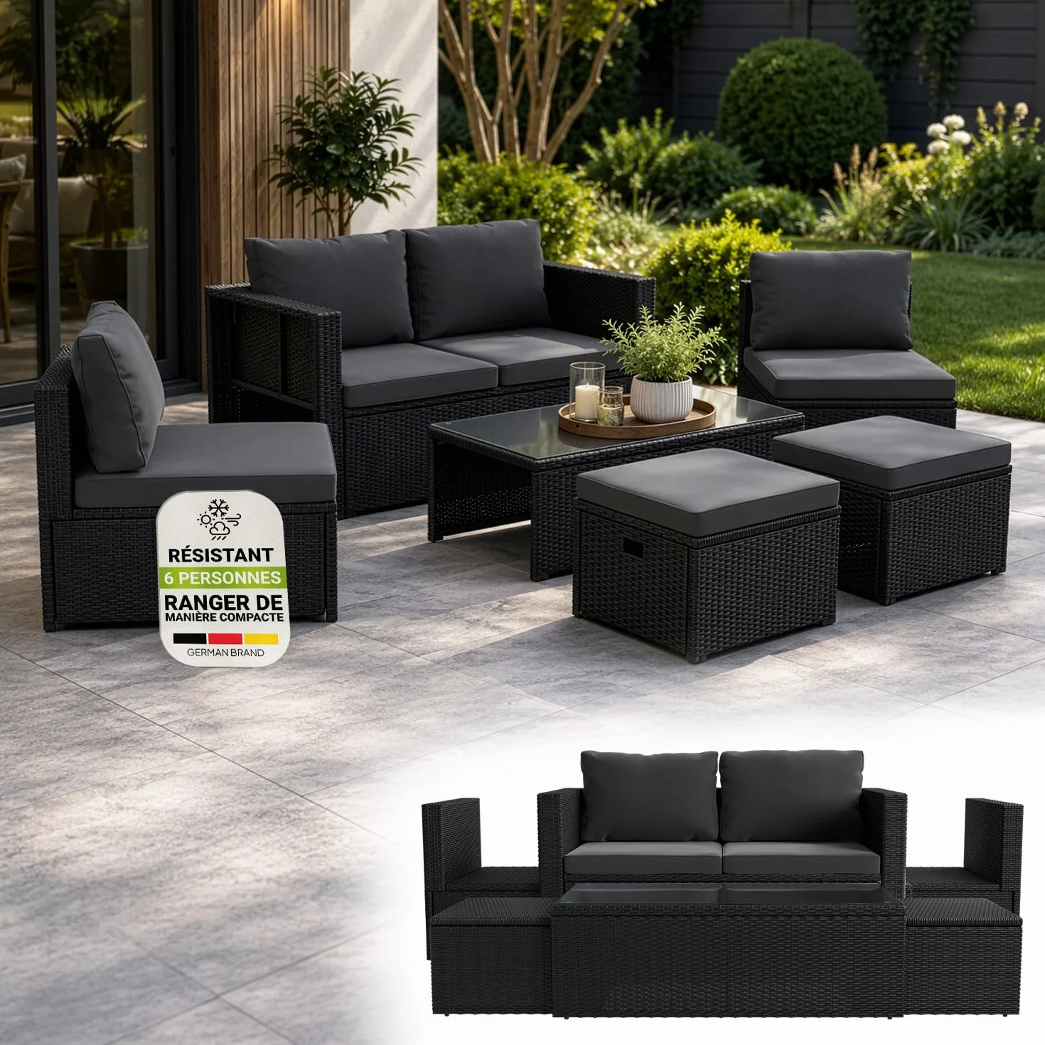 Juskys Salon de Jardin Salou polyrotin pour 6 Personnes Noir résistant aux intempéries