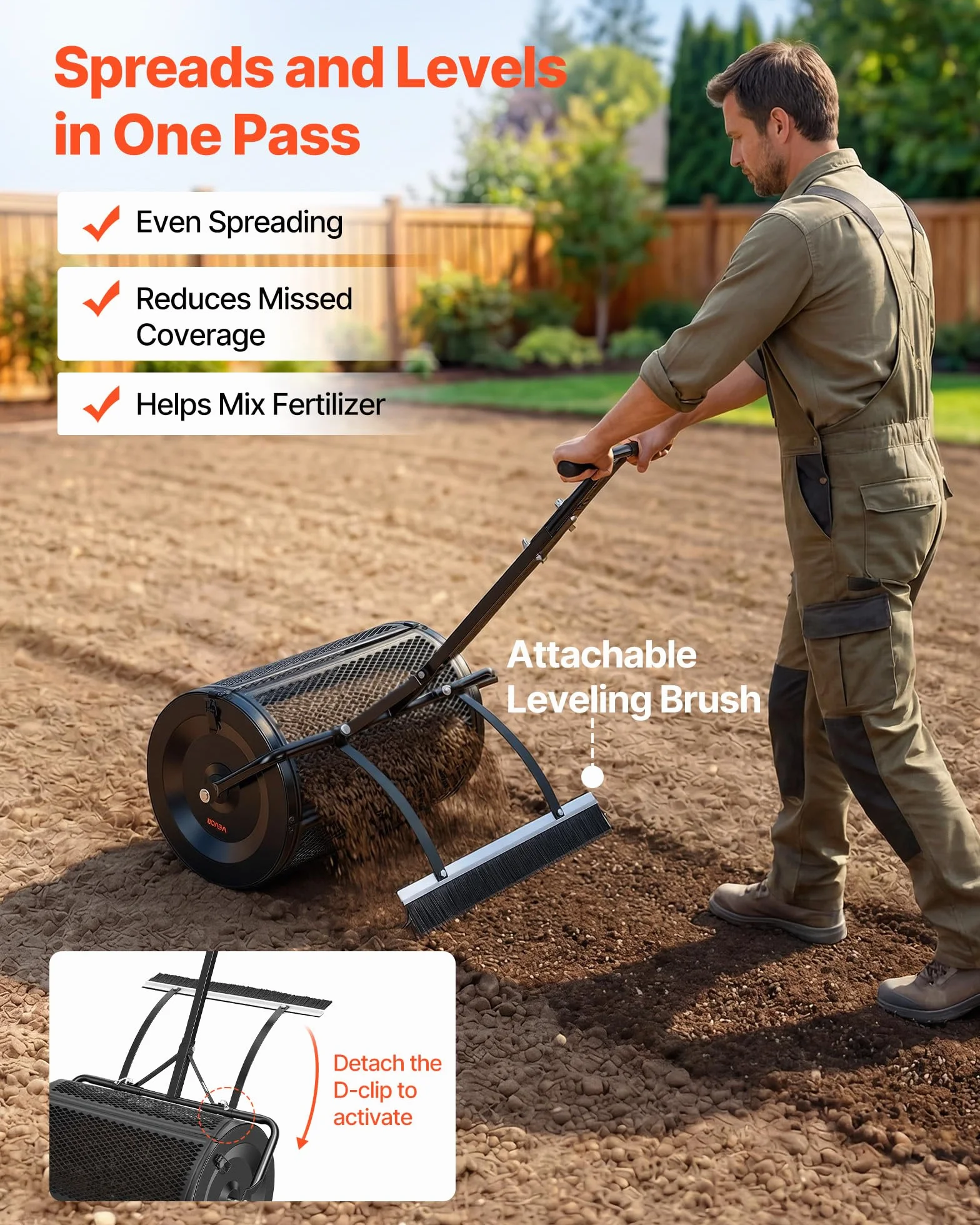 VEVOR Rouleau Épandeur à Compost 61 cm Épandeur Mousse de Tourbe à Rouleau Treillis pour Épandage Gazon Fumier, avec Poignée à Pousser et à Remorquer, 4 Hauteurs Réglables, Acier Thermolaqué, Noir