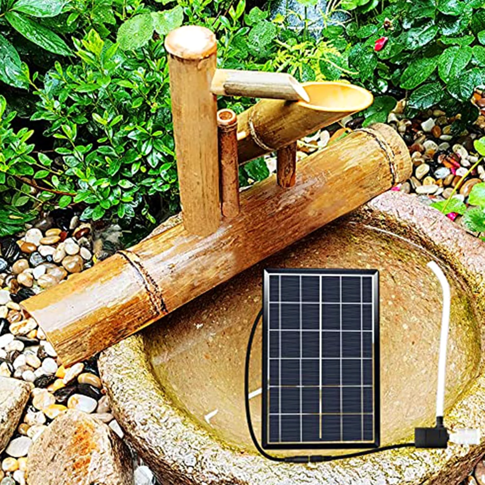 Fontaine d'extérieur Solaire - Fontaine Zen en Bambou avec Pompe, Panneau Solaire 6 W, Filtre à Eau et Tuyau de 2 m - Idéale for la pelouse, Le Jardin et la décoration de la Cour(35cm)