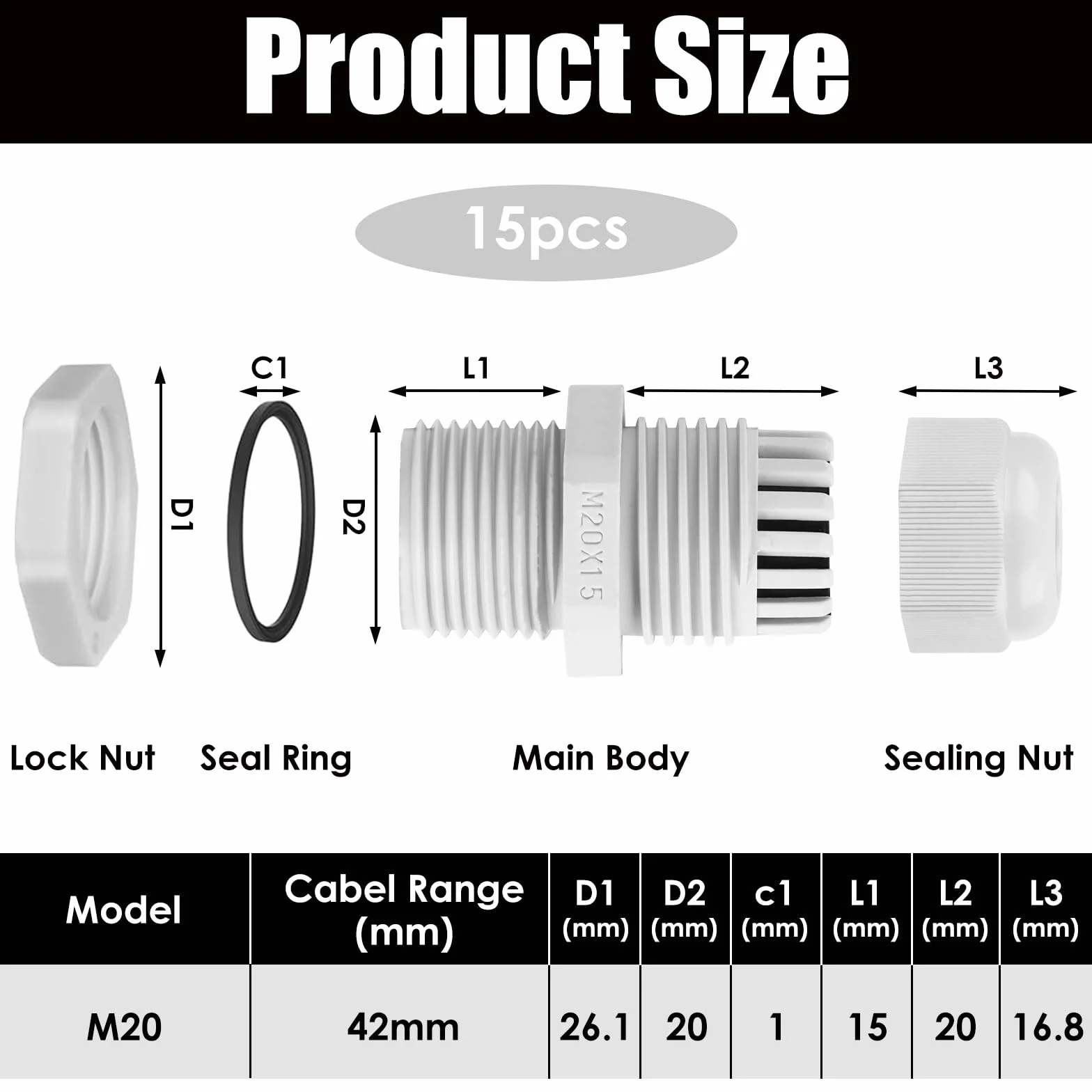 Lot de 15 presse-étoupes M20 IP68 étanche gris réglables pour extérieur