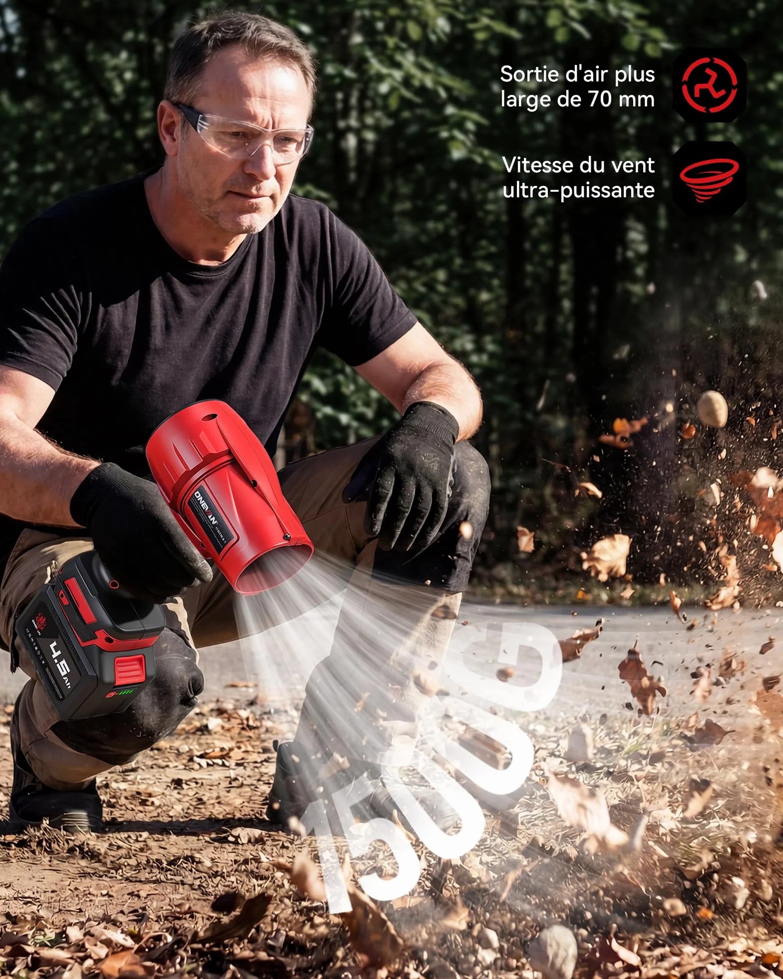 ONEVAN Souffleur de Feuilles Turbo sans Fil 600km/h 2 Batteries 4,5Ah Brushless
