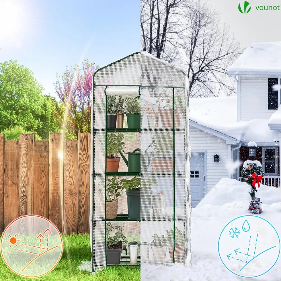 VOUNOT® Serre de Jardin PE avec Étagères 4 Niveaux Serre de Jardin pour Légumes Plantes Fleurs Bâche Renforcée 135g/m2 Protéger Vos Plantes en Toutes Saisons 69x49x160cm