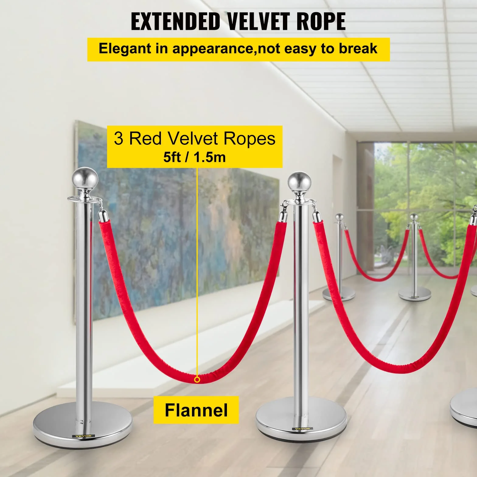 VEVOR 4 Poteaux de Guidage Séparation Argenté avec Cordes Velours Rouges 1,5 m, Barrière de Queue Hauteur 96 cm