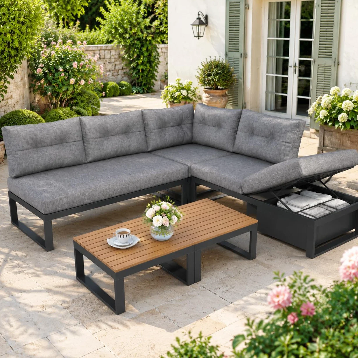 Salon de jardin d'extérieur multifonction, canapé d'angle modulable 5 places résistant aux intempéries, doté de dossiers réglables avec fonction d'inclinaison, d'un espace de rangement et de coussins