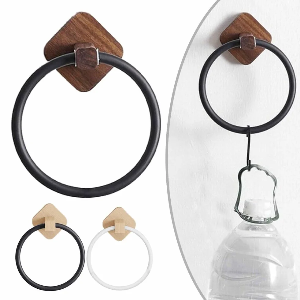 Porte-serviettes mural moderne en bois massif, design sans perçage avec barre en aluminium noir mat, organisateur d'anneau de serviette de salle de bain peu encombrant (noir hêtre)