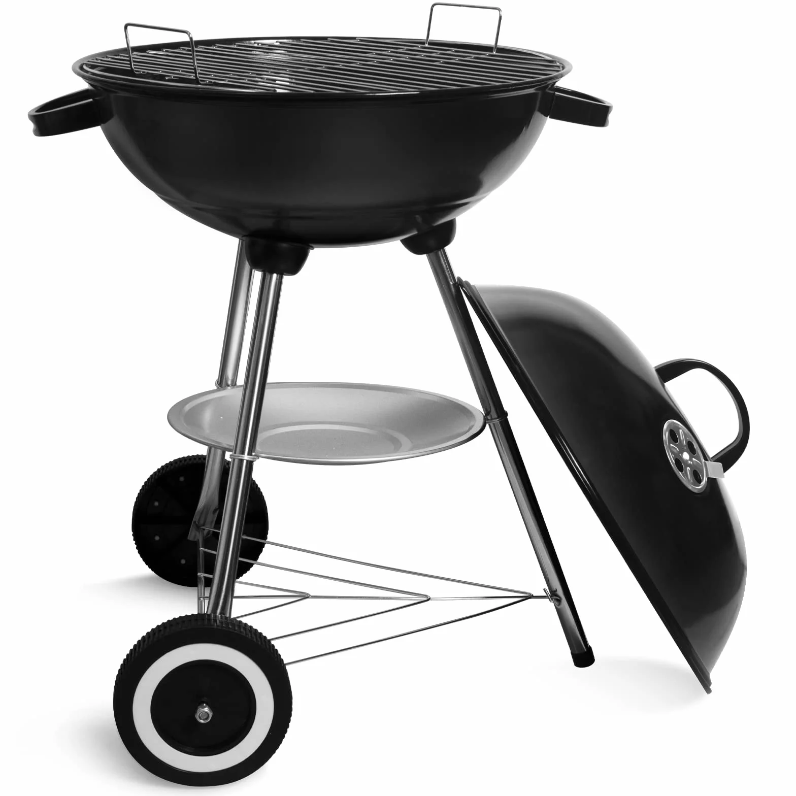 Barbecue à Charbon Rond, BBQ Mobile Barbecue Grill Portable de Jardin, avec Couvercle et 2 Roues - 46 * 44 * 70cm