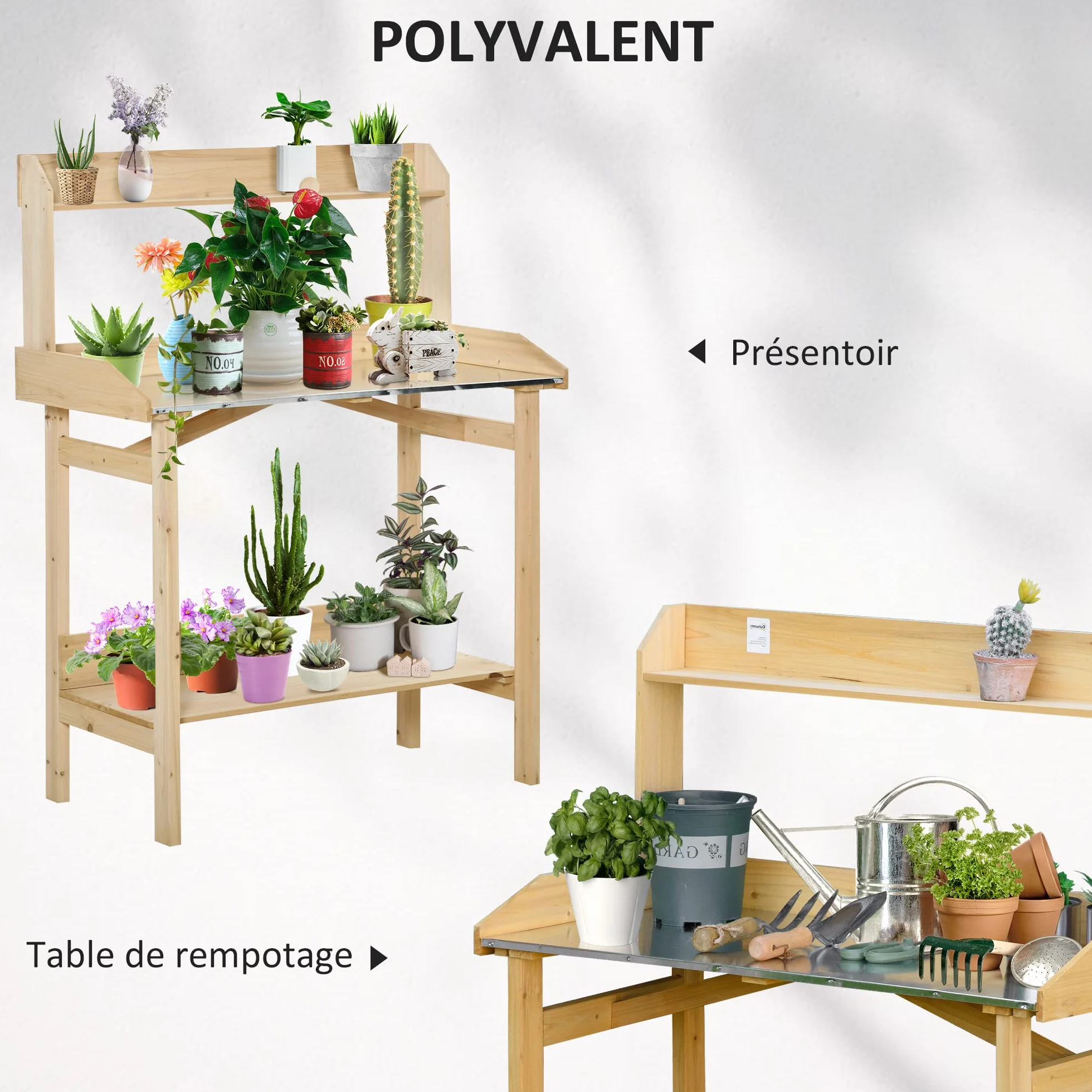 Outsunny Table de rempotage Acier galvanisé Bois Sapin pré-huilé 2 étagères Plateau avec Rebord
