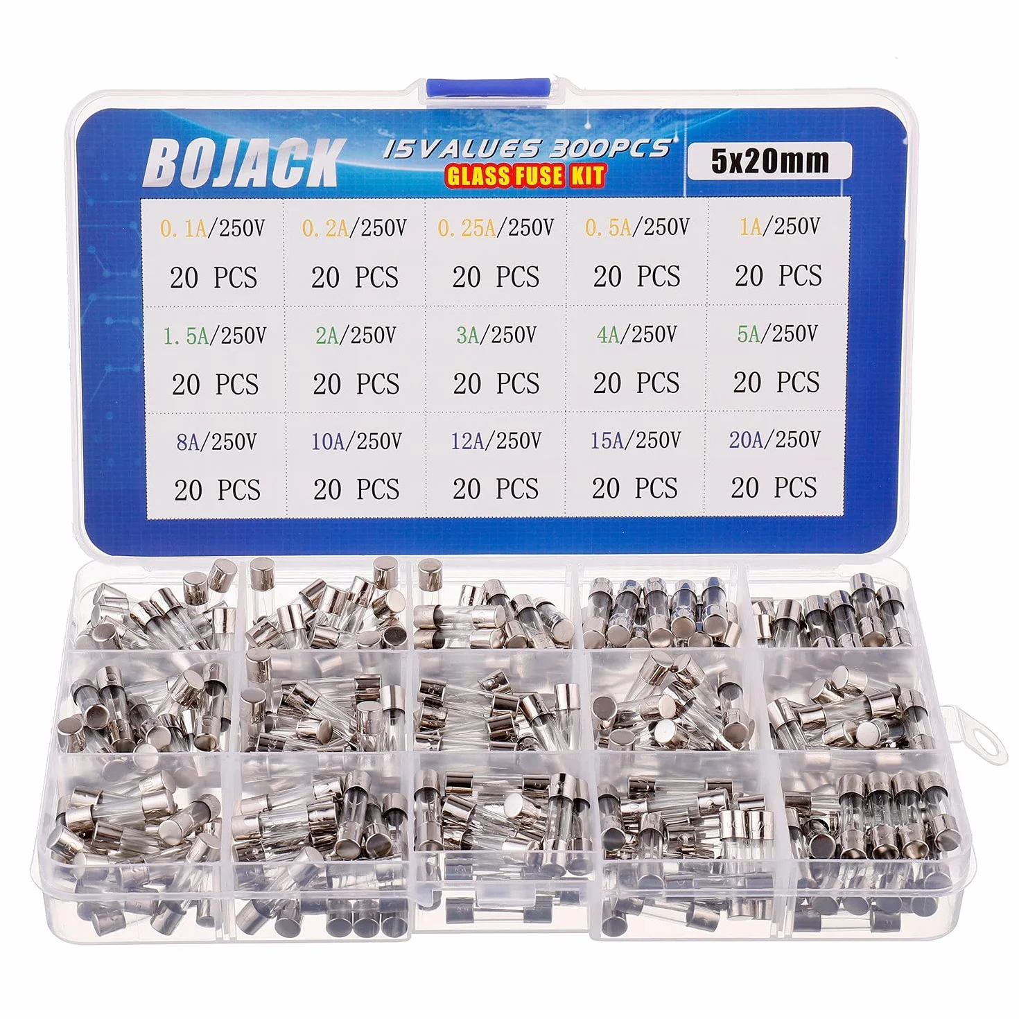 BOJACK 300 pièces Kit de fusibles en verre à fusion rapide 5x20mm 250V 0.1-20A