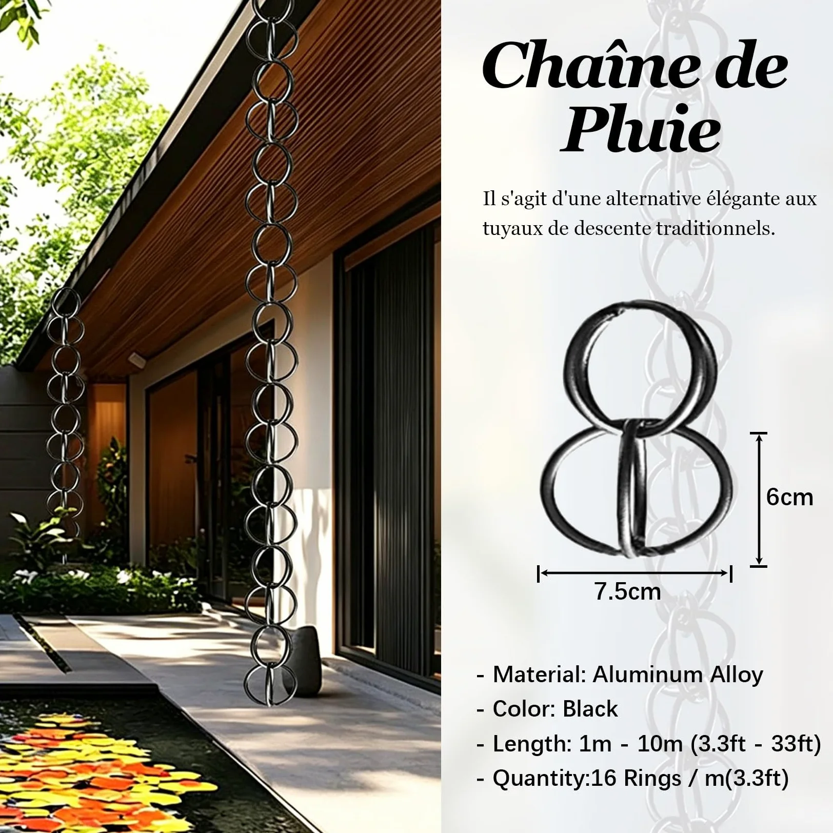 Chaîne de Pluie,Chaine de gouttiere,Rain Chain,pour Gouttiere ChaîNe De Pluie Japonaise pour Les Fortes,Remplacement de Descente Extérieure,pour Toit,Jardin 2.4m(8ft) Noir