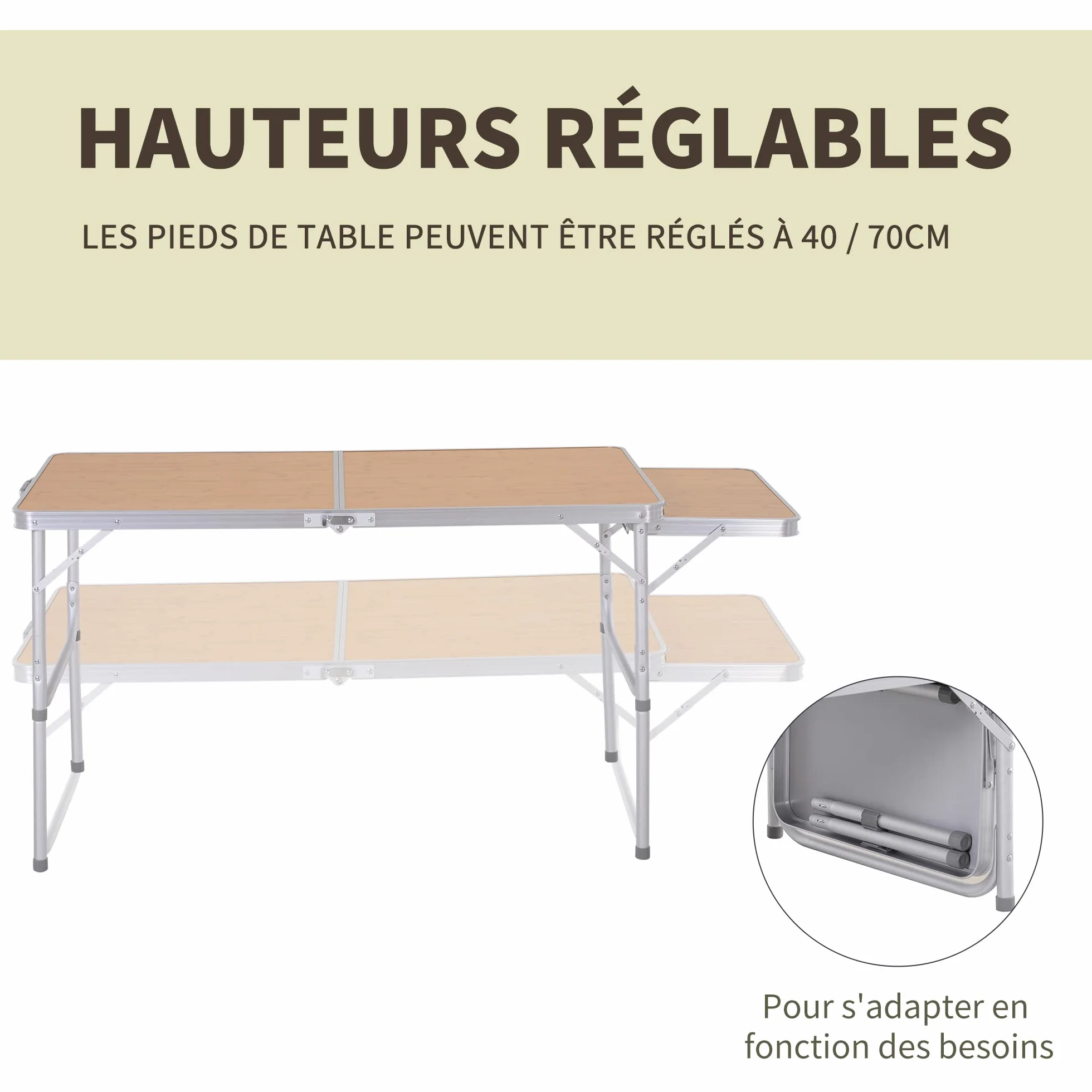 Outsunny Table Pliante Camping Jardin avec Rallonge Hauteur Réglable Aluminium MDF Imitation Bambou