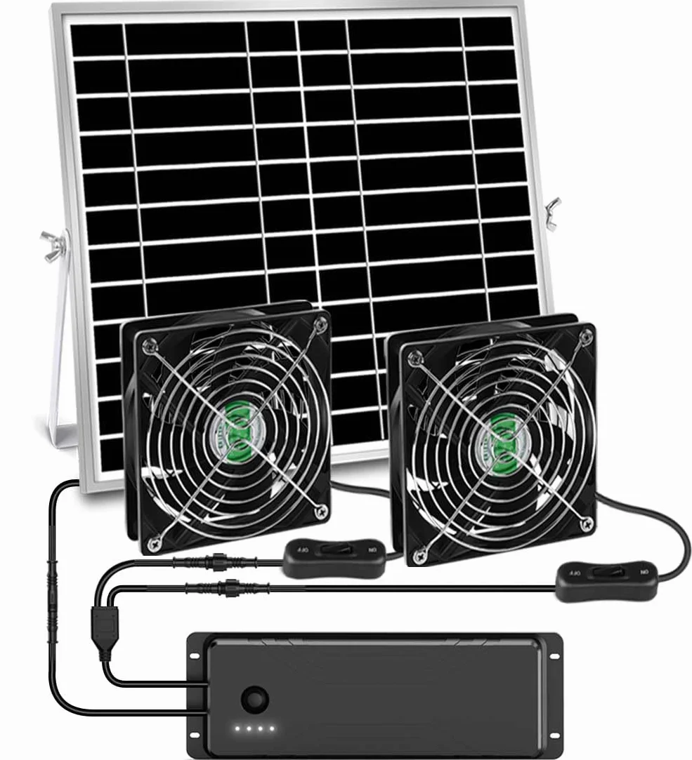 Ventilateur solaire rechargeable IPX7 avec batterie pour poulailler serre abri de jardin extérieur