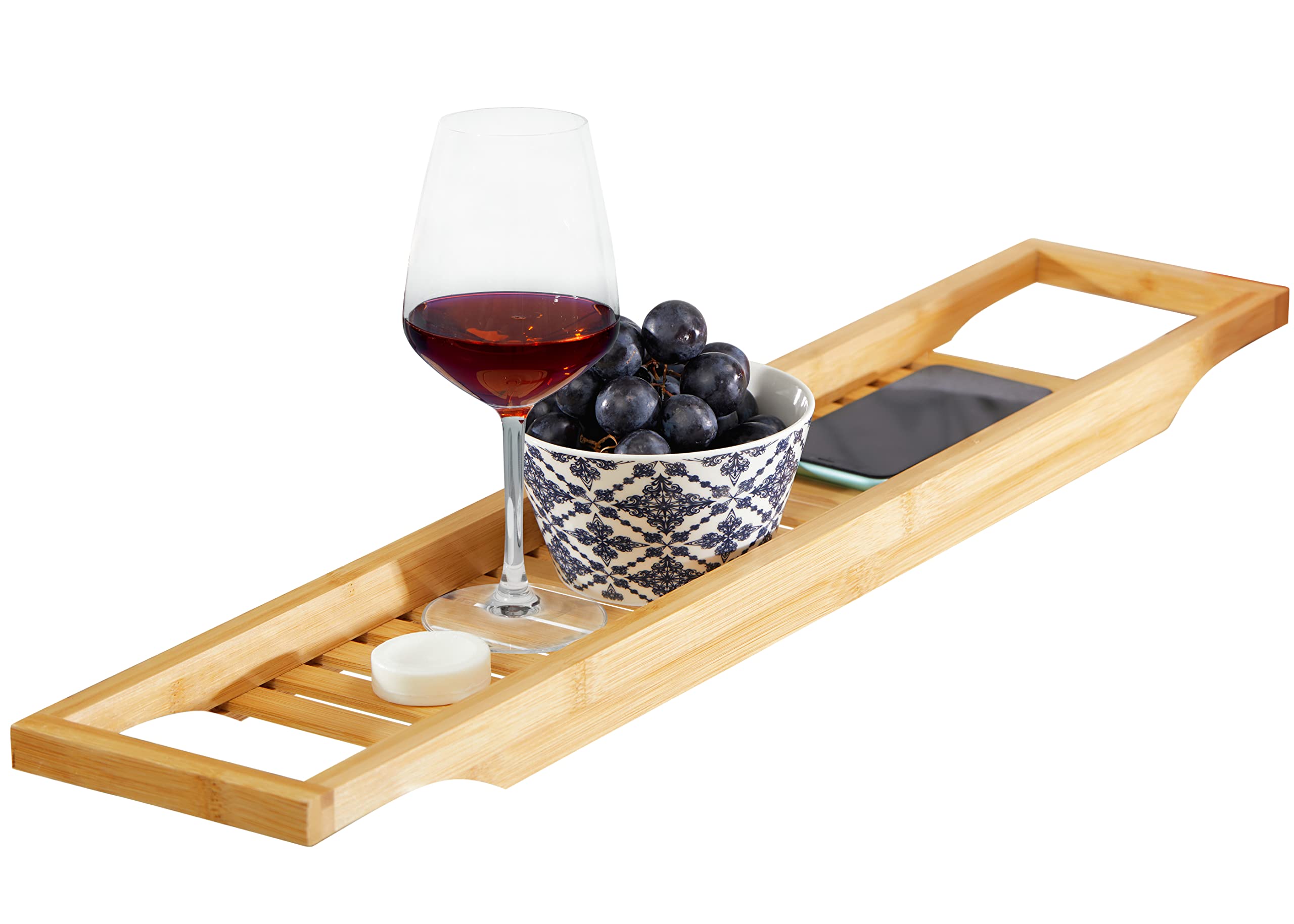 Elegant Bamboo Bathtub Caddy with Book and Wine Holder