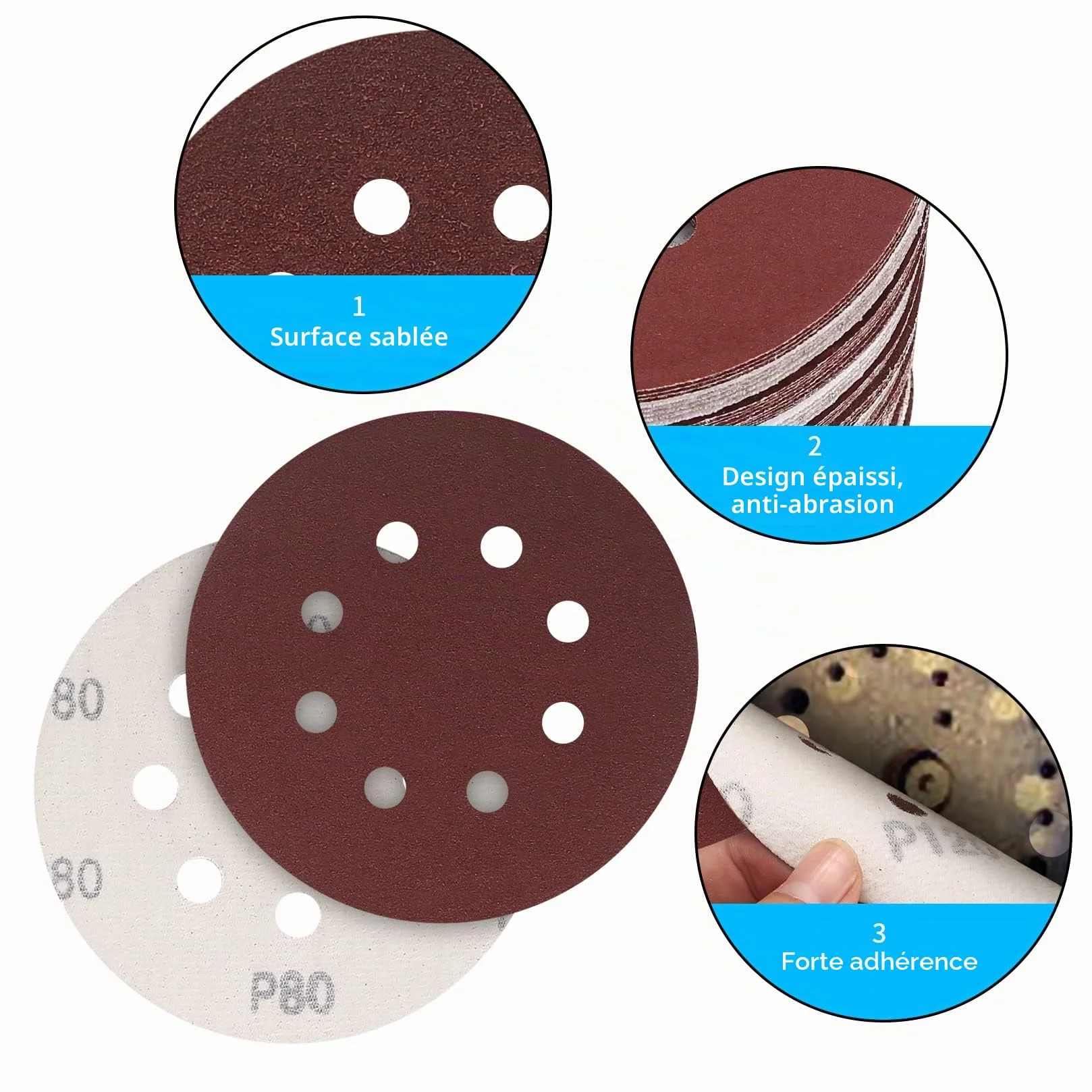 Disques Abrasifs 125 mm 5 Pouces Grain 80 8 Trous Papier Abrasif pour Ponceuse Orbitale