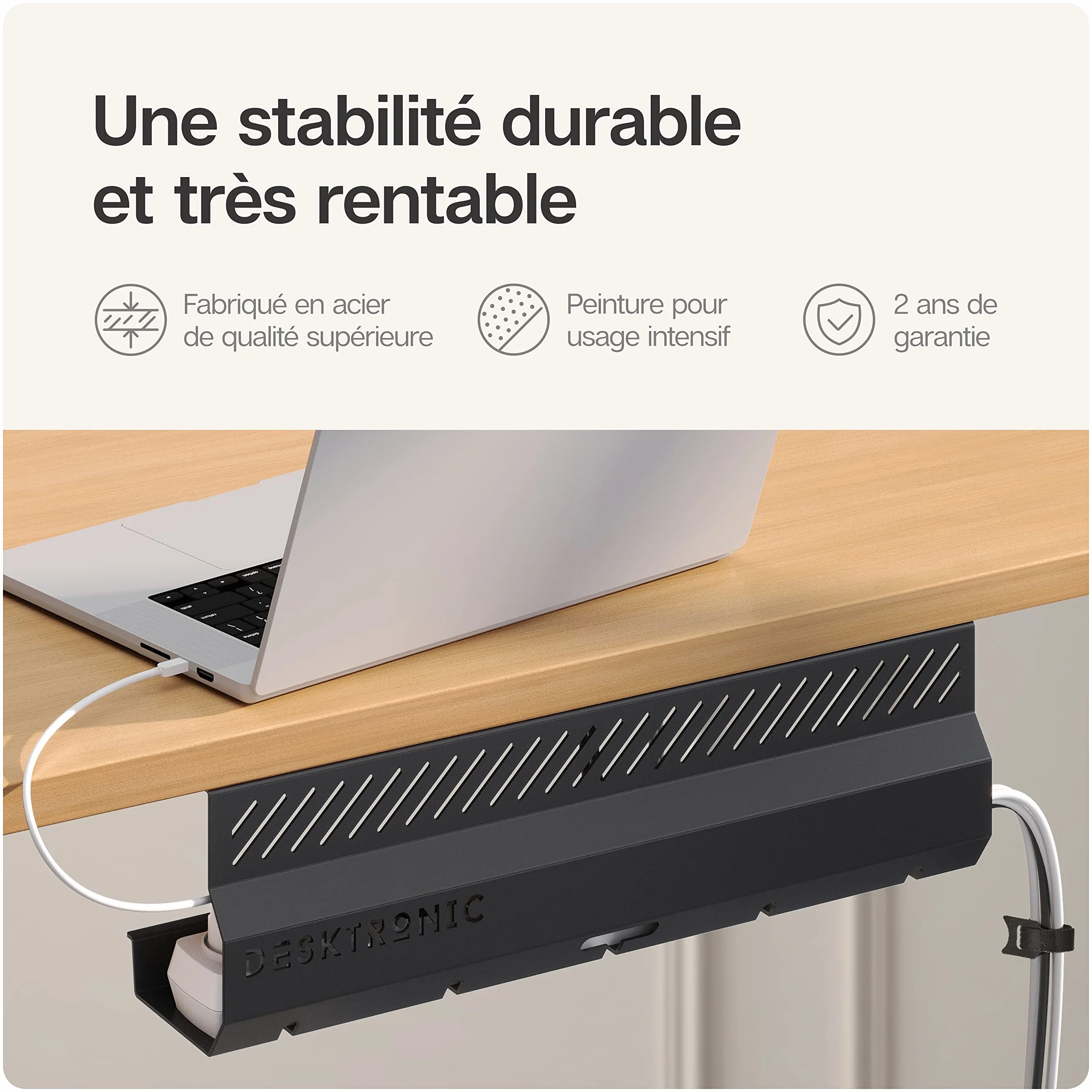 Lot de 2 Goulottes de Câbles de Bureau en Acier Inoxydable avec 5 Découpes - Noir
