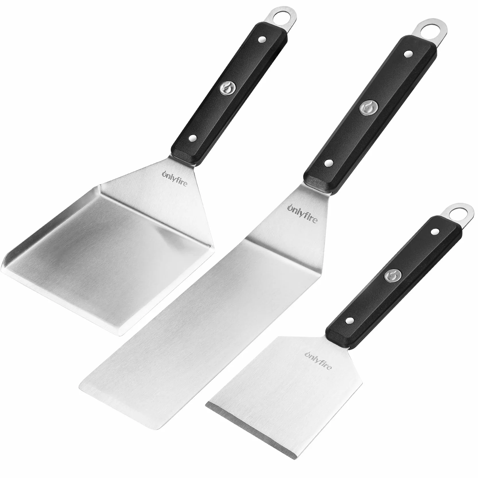 Onlyfire Set de 3 Spatules BBQ Plancha Acier Inoxydable - Spatule à Rebords, Longue et Grattoir - Accessoires Barbecue, Teppanyaki, Smash Burgers