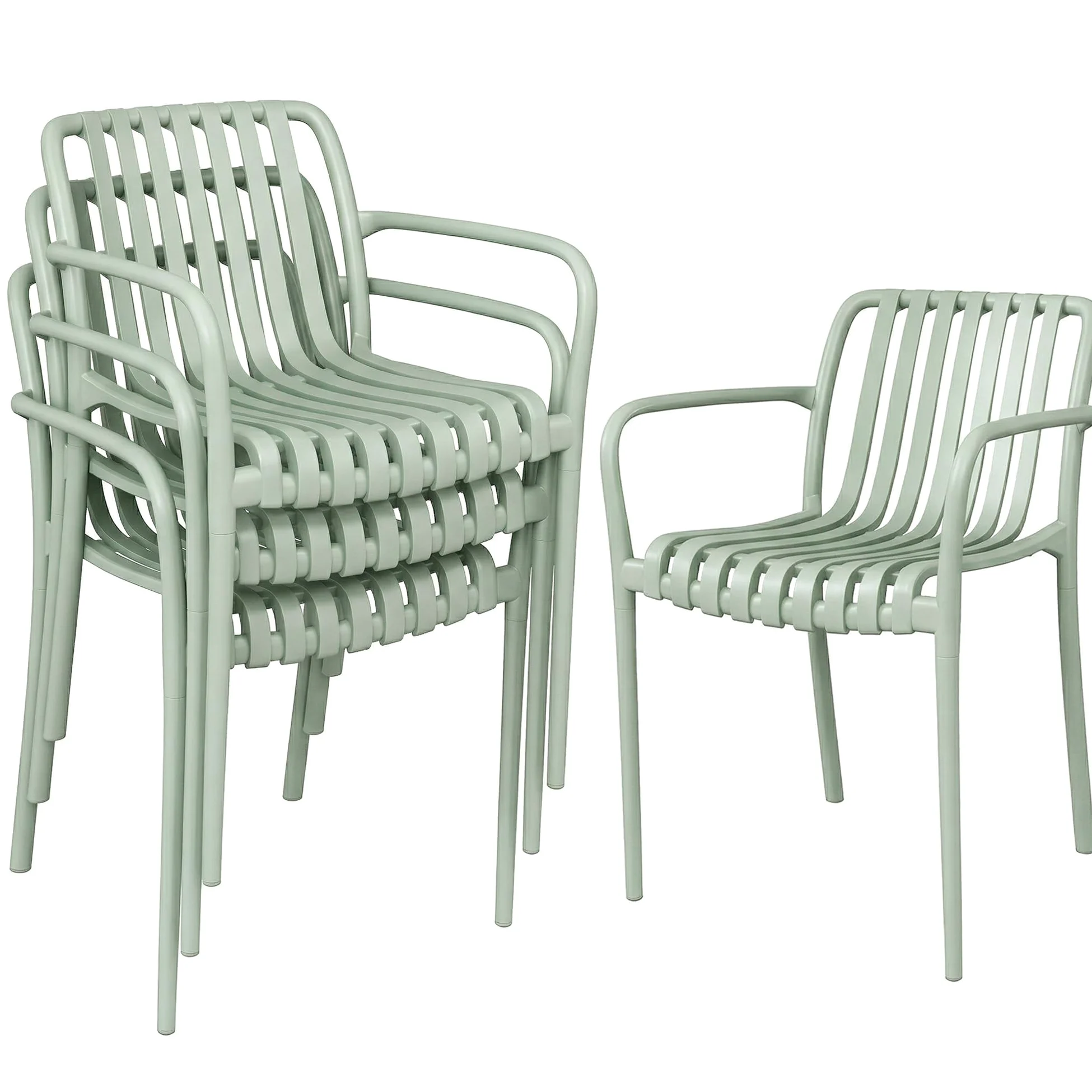 Outsunny Lot de 4 Chaises de Jardin Empilables en Polypropylène Anti-UV - Fauteuil de Terrasse avec Accoudoirs et Dossier à Lattes Ergonomique - Chaises de Salle à Manger Extérieures, Gris Vert