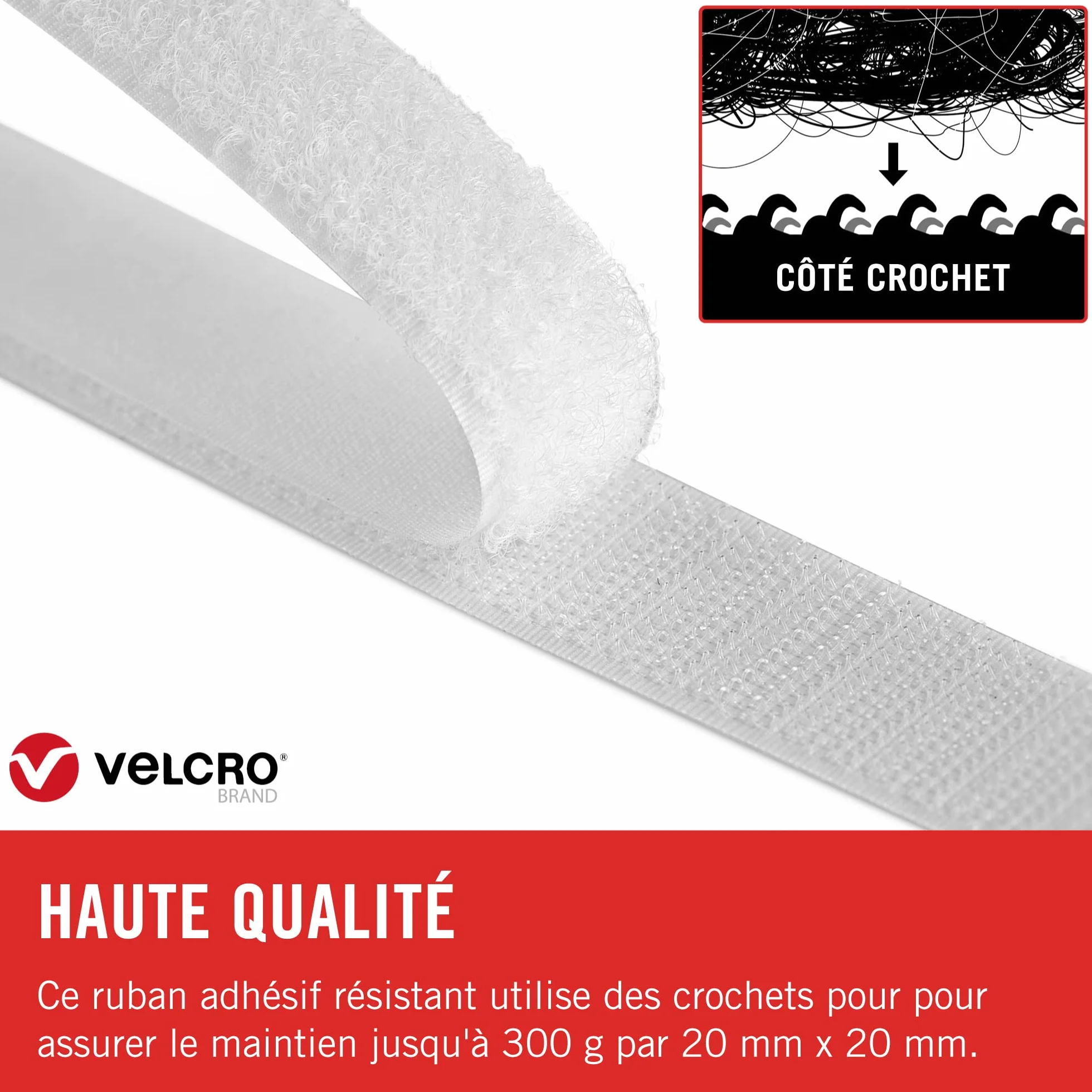Ruban Adhésif Auto-Agrippant Velcro Marque, Crochets Uniquement, Blanc 20 mm x 10 m