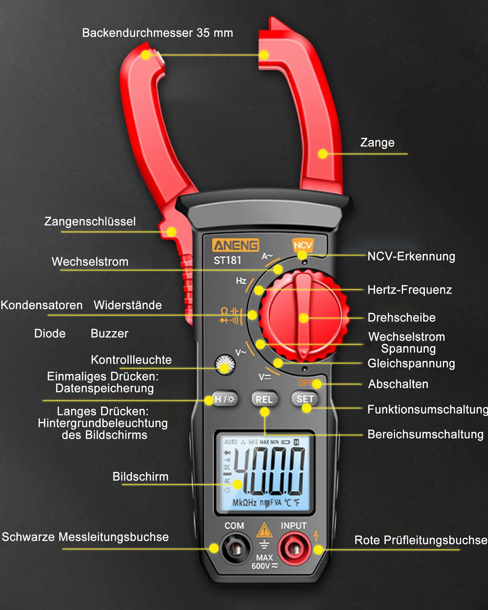 Pince d'alimentation numérique AC/DC True-RMS 4000 comptage ampèremètre avec sélection automatique de la gamme