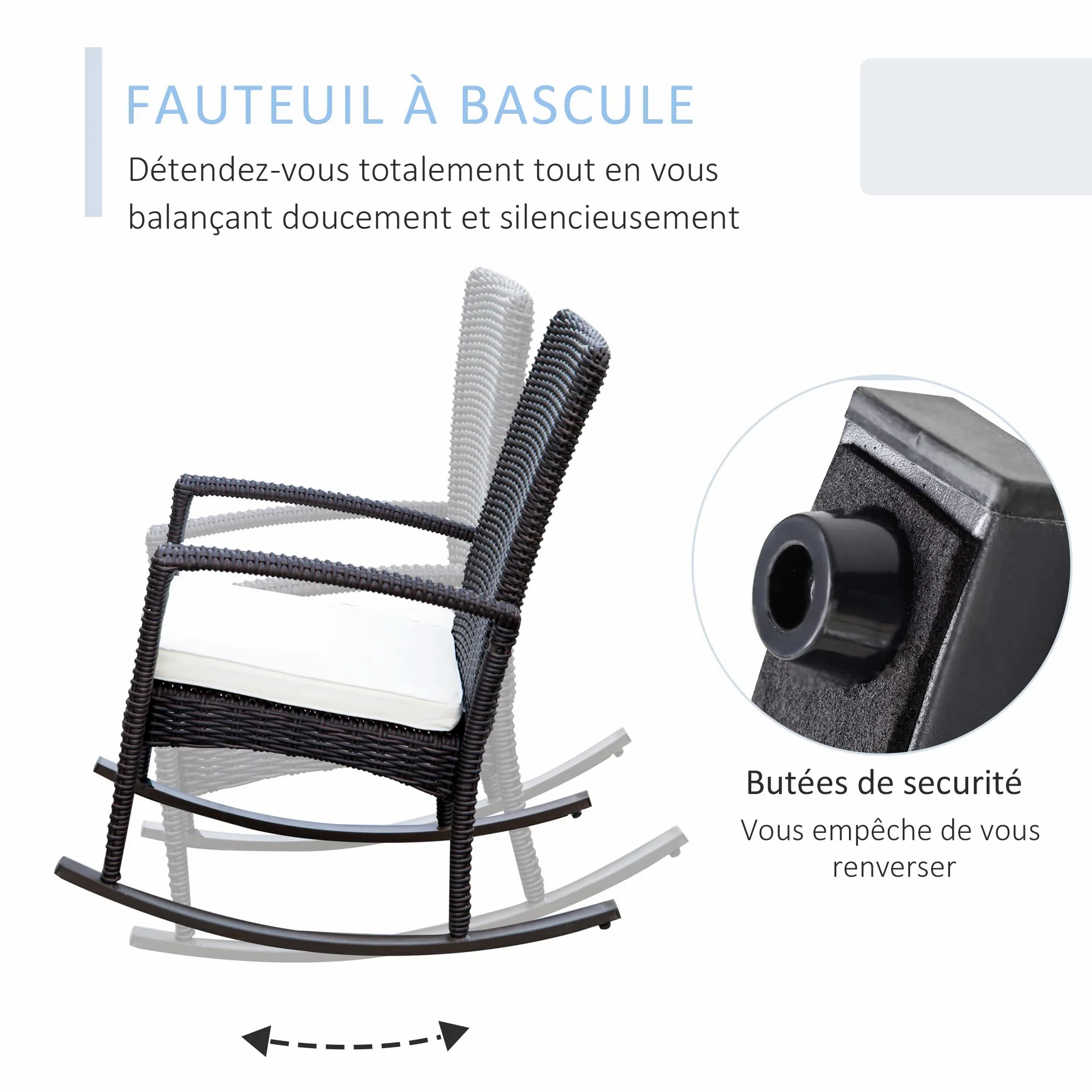 Outsunny Fauteuil à Bascule Rocking Chair avec Coussin d'assise déhoussable 66L x 88l x 98H cm résine tressée Imitation rotin Chocolat
