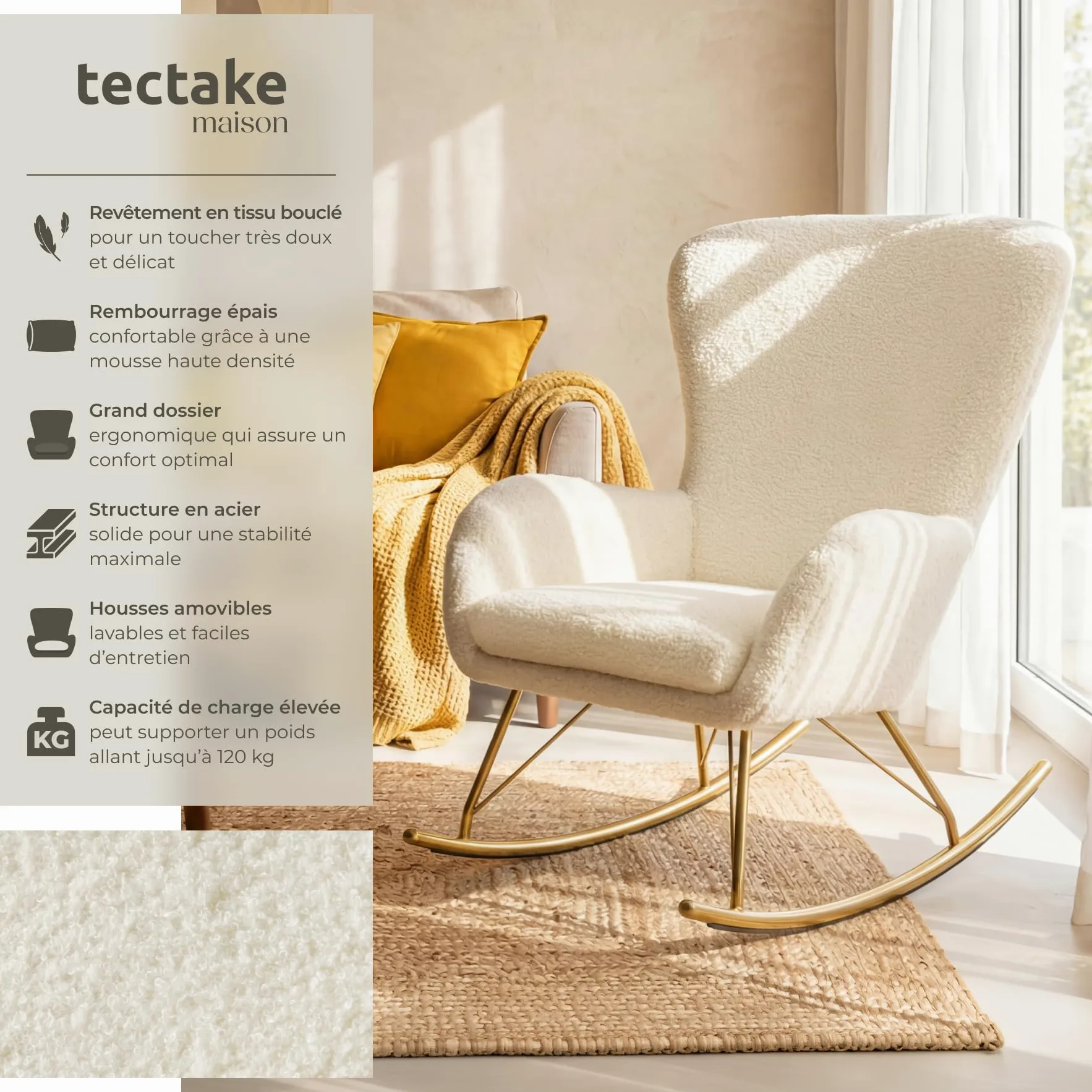 tectake® Rocking Chair Fauteuil à Bascule rembourée avec Accoudoirs Bouclette Cadre en Acier Fauteuil Salon Veranda, Chaise Ergonomique idéal Détente, Allaitement