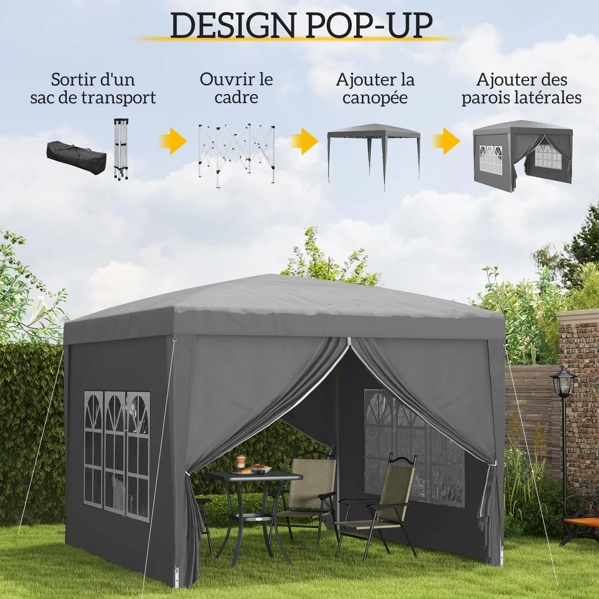 Outsunny Tonnelle de Jardin extérieure Tente de réception Barnum Pop-up Pliant 3 x 3 m 4 parois Amovibles + Sac de Transport Gris