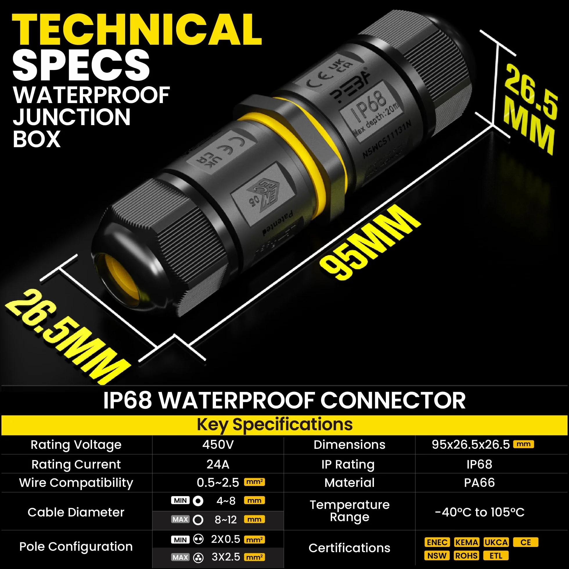 PEBA Connecteurs de Câbles Étanches IP68 Boîte de Jonction 3 Fils Raccord Extérieur Ø4-12mm 2 Pièces