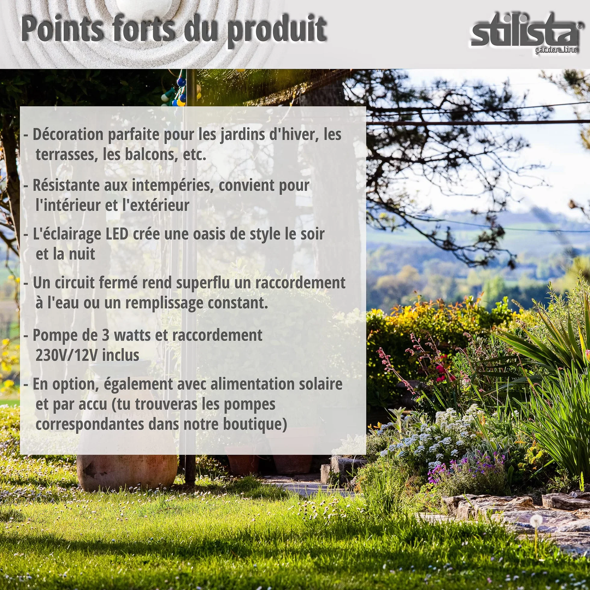 STILISTA Fontaine de Jardin Bouddha 64 x 35 x 29 cm avec Éclairage LED Pompe Incluse