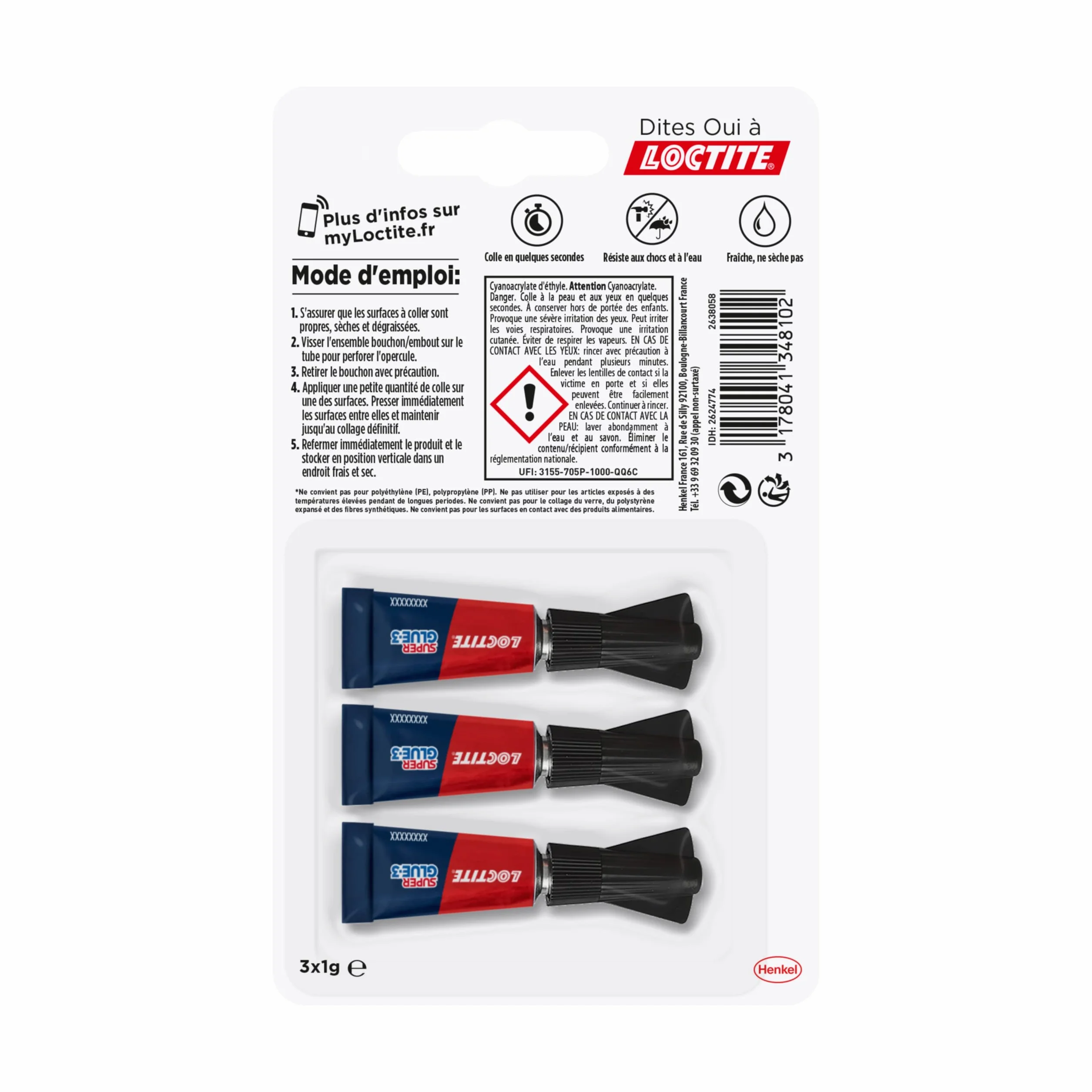 Loctite Super Glue-3 Mini dose 3 x 1 g Colle forte rapide tous matériaux universelle liquide