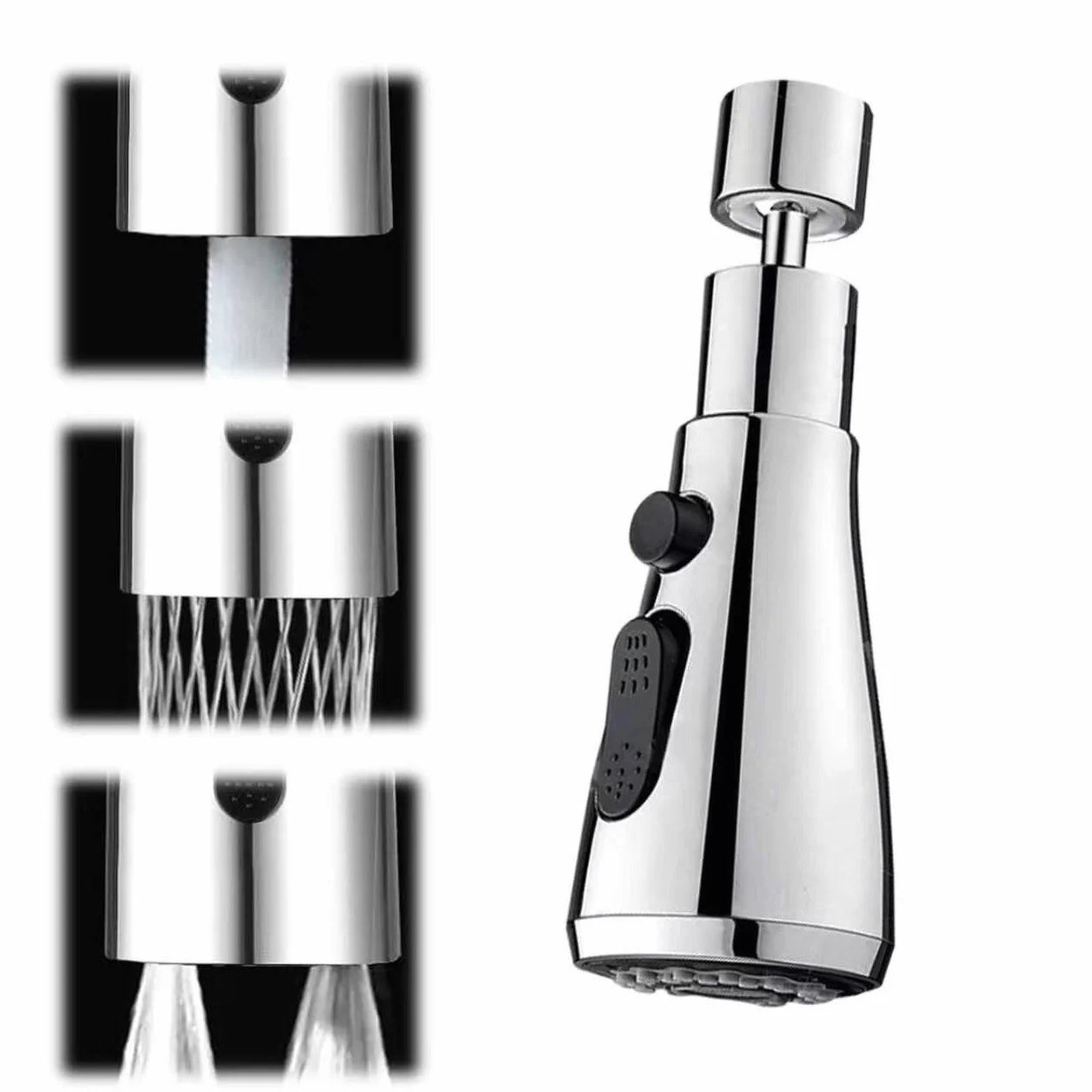 Douchette Évier Cuisine Robinet 360° Rotatif 3 Modes Jet Prolongateur Aérateur Inox Économiseur d’Eau