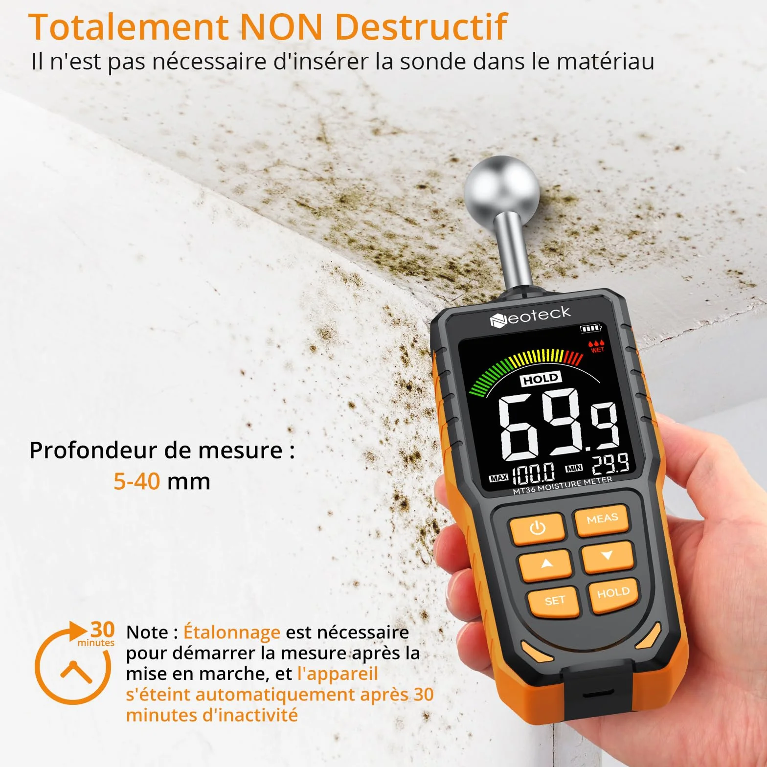 Neoteck Humidimètre Non Destructif USB Rechargeable Profondeur 5-40mm Détecteur Humidité avec Alarme Sonore pour Murs Bois Béton