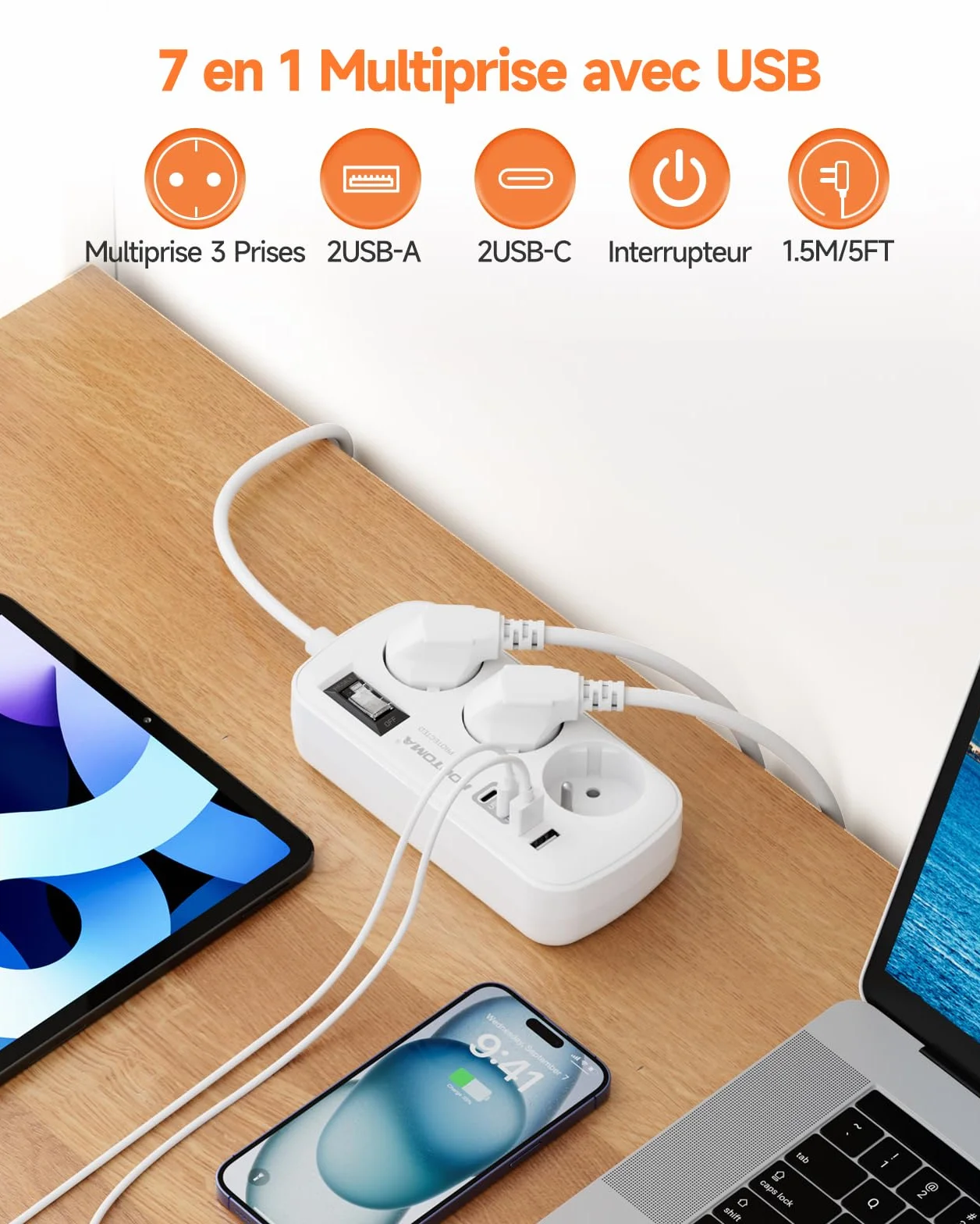 Multiprise 3 Prises 4 USB 2 USB-C Parafoudre Surtension Interrupteur Câble 1,5 m Fixation Murale Blanc 16A 4000W