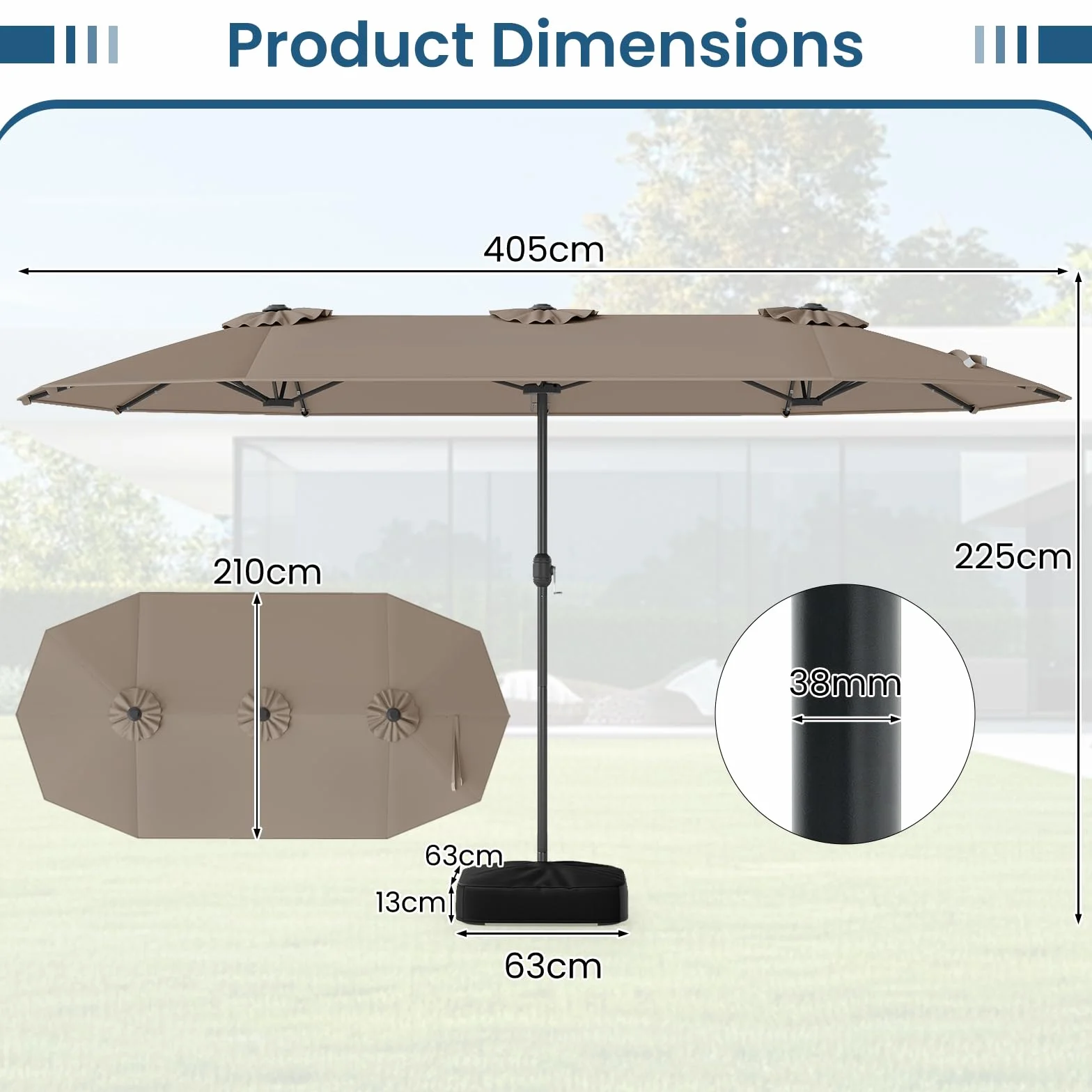 COSTWAY Parasol de Jardin Exterieur 4 x 2 m LED Solaires Double Rectangulaire avec Manivelle Marron