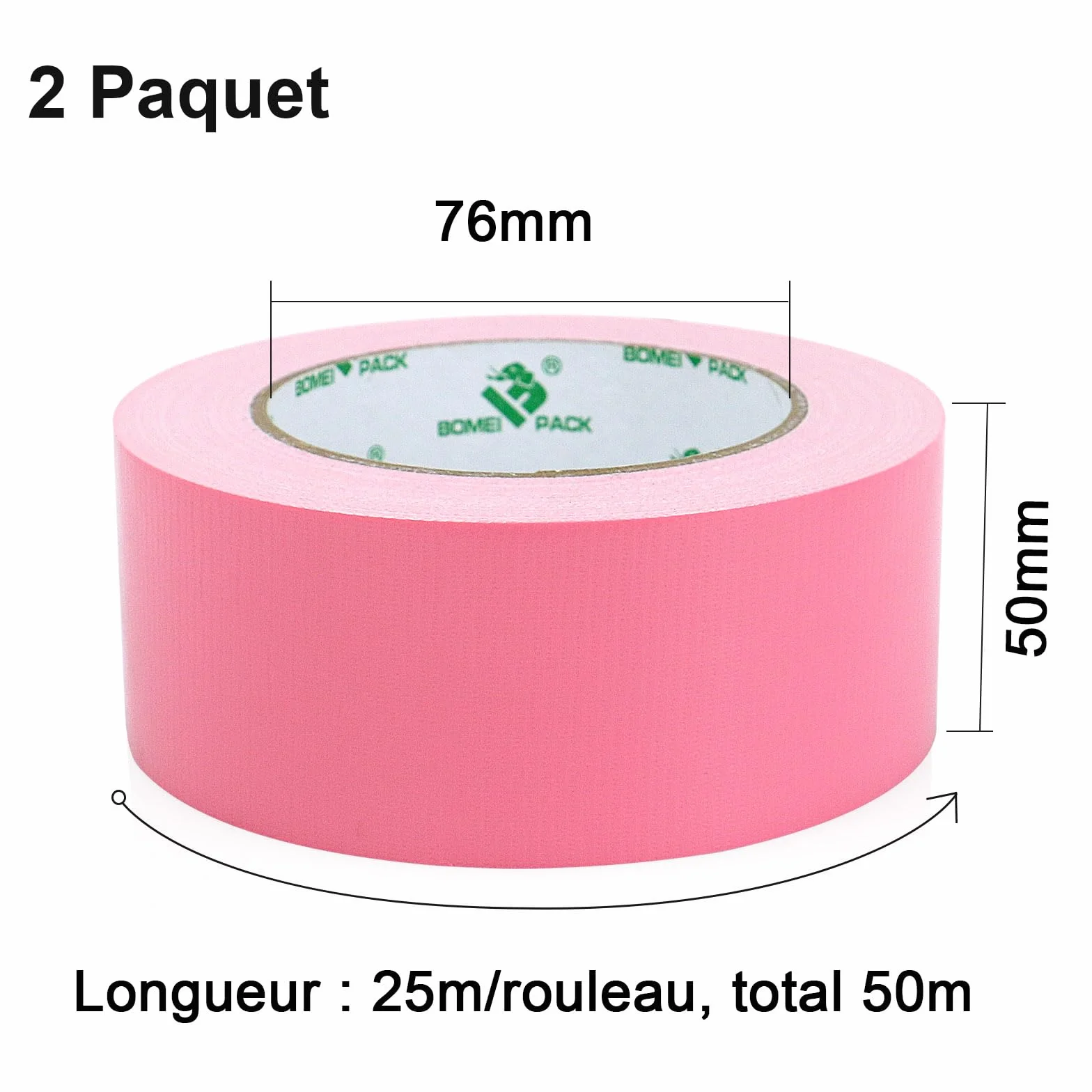 BOMEI PACK Duct Ruban adhésif en tissu renforcé 2R 2in*25m Rose
