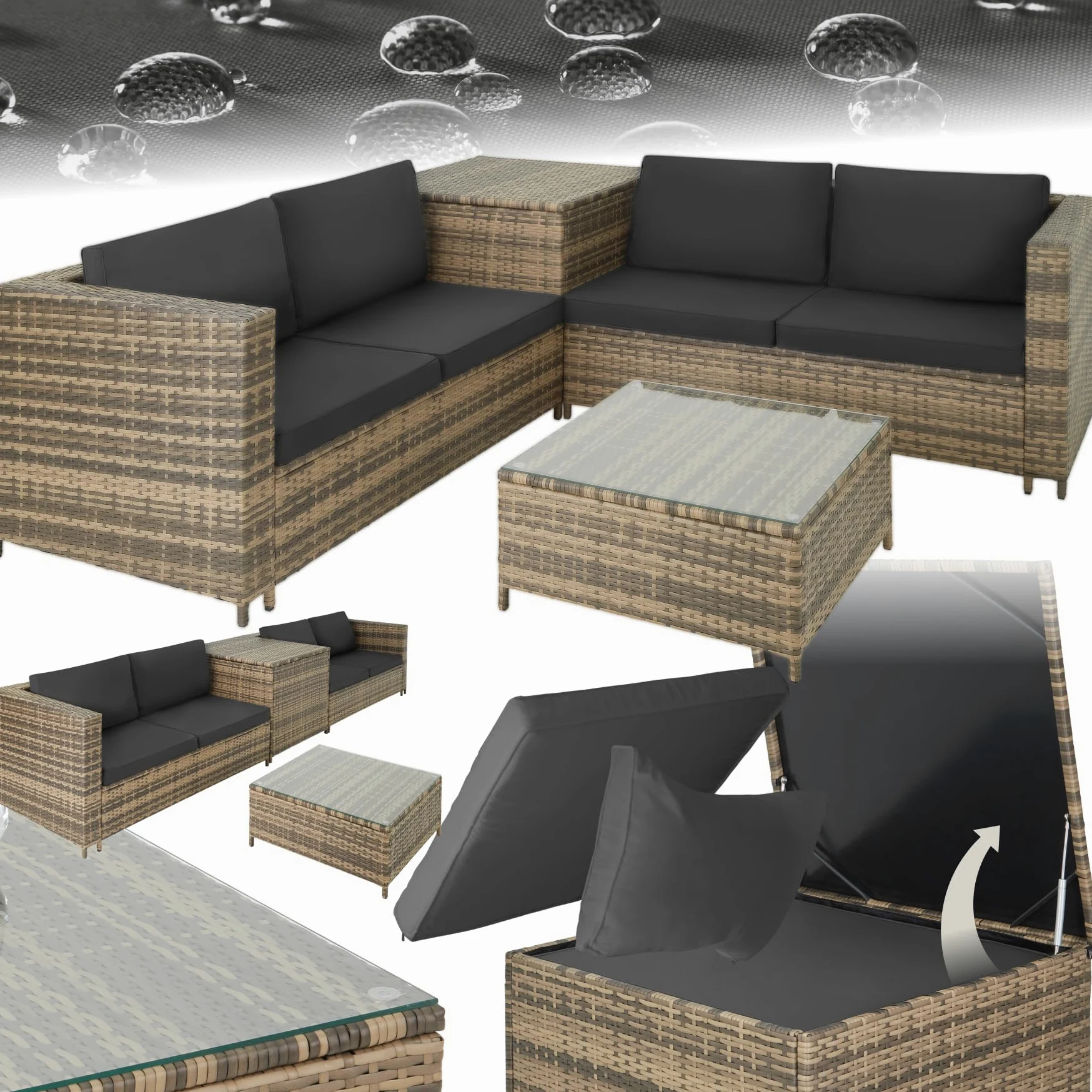 tectake® Ensemble Salon de Jardin Exterieur en Poly Rotin 4 Personnes, 2 Canapés modulables, Coffre de Rangement et Table de Jardin en Verre Inclus, Mobilier de Jardin pour Amenagement Balcon