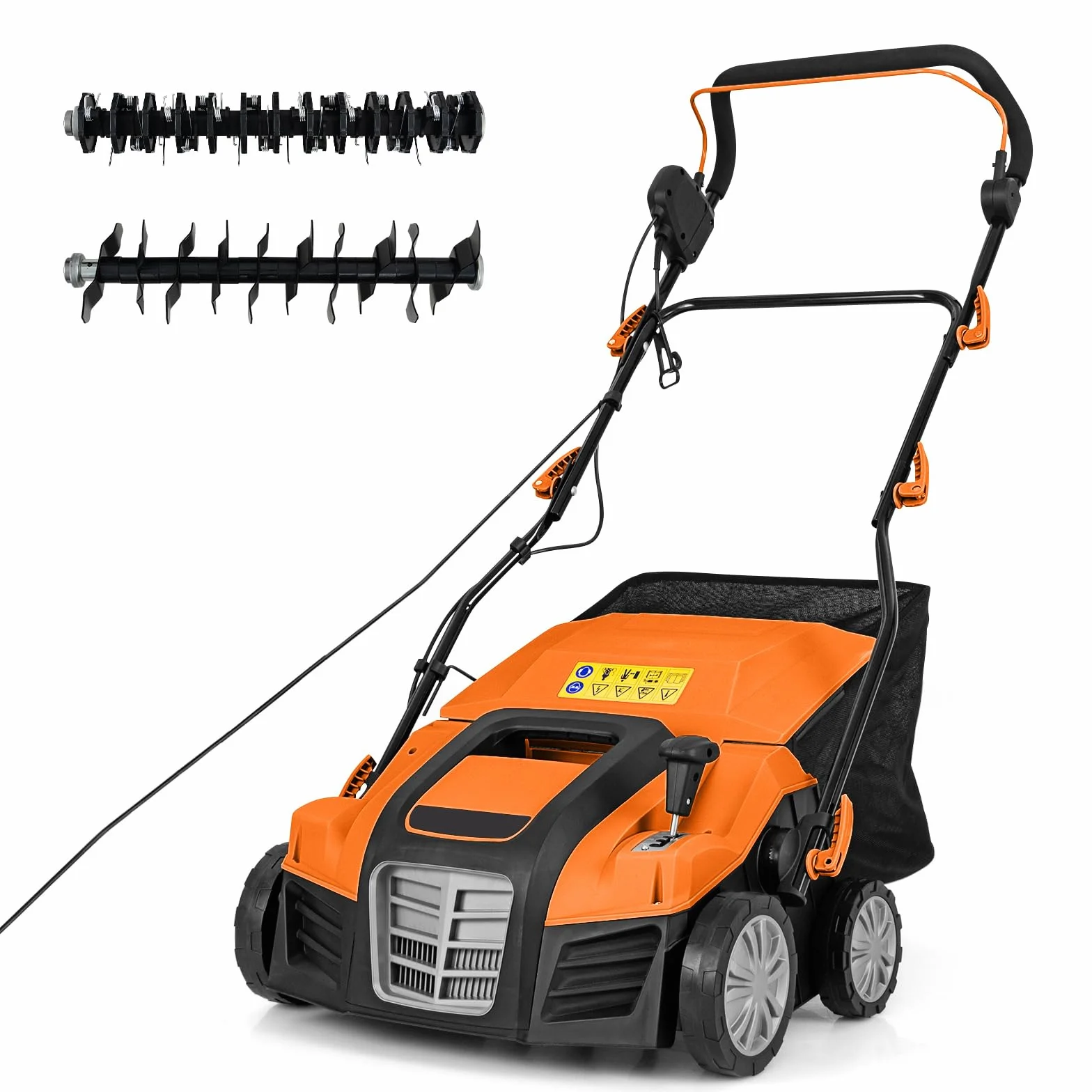 GOPLUS 2 en 1 Déchaumeuse Scarificateur Electrique 2000W, Largeur de Travail 40cm, 3500rpm, 5 Profondeurs Réglable, 3 Hauteurs Poignée, Sac 55L Amovible, Râteau Electrique Pliable Pelouse 800㎡(Orange)