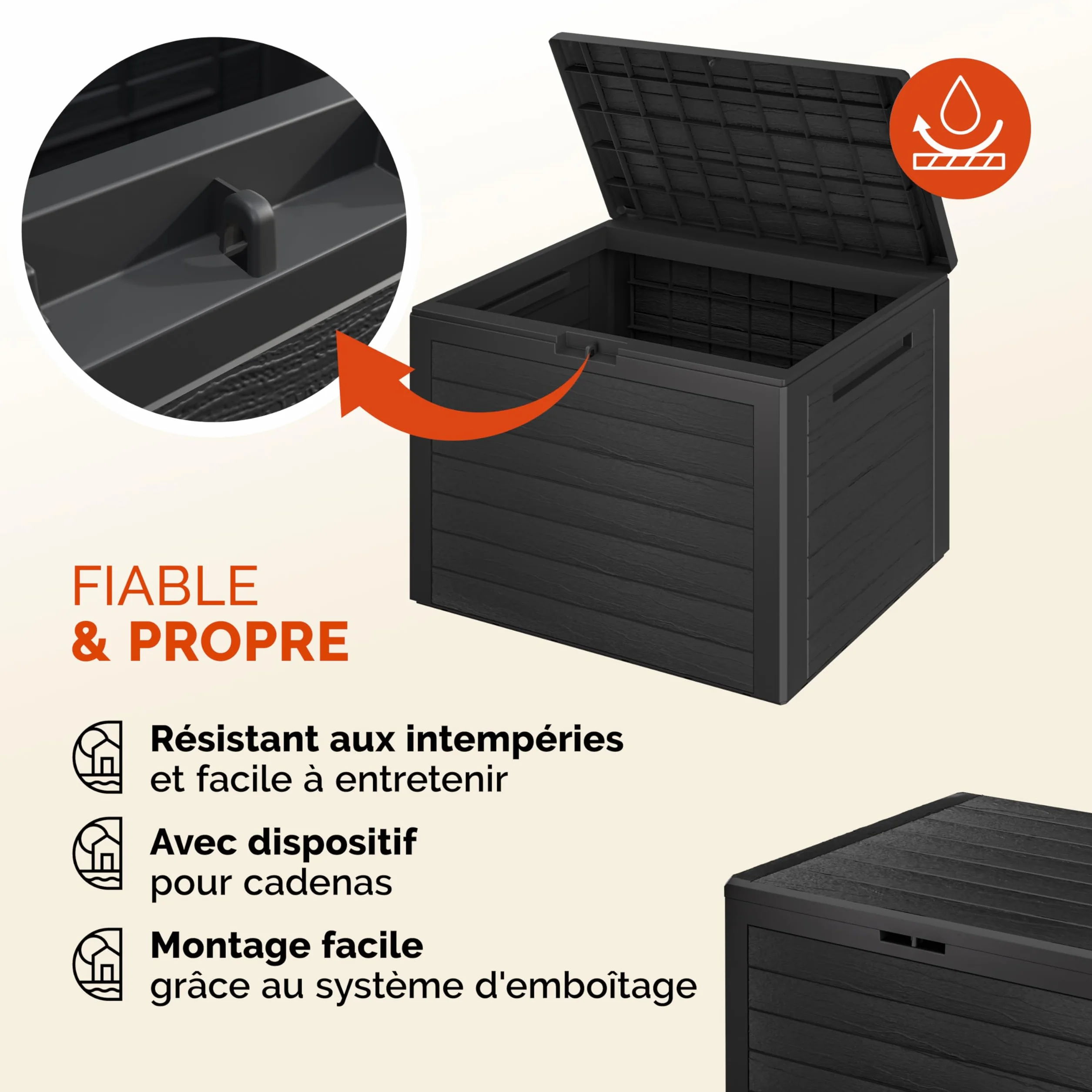 Casaria Coffre de Jardin Exterieur 190 L Anthracite Caisse de rangement étanche Effet Bois