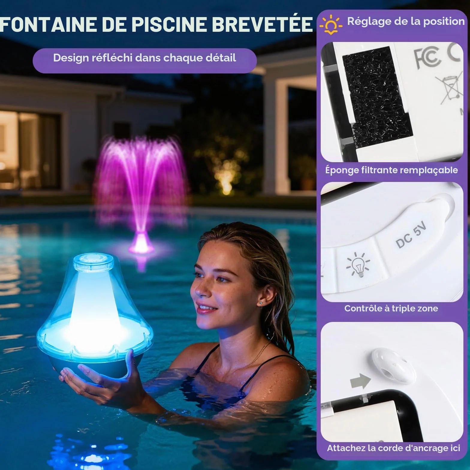 KingSom Fontaine Flottante Piscine Rechargeable avec Lumières Colorées, Télécommande, 3 Modes Pulvérisation & 10 Modes Lumière