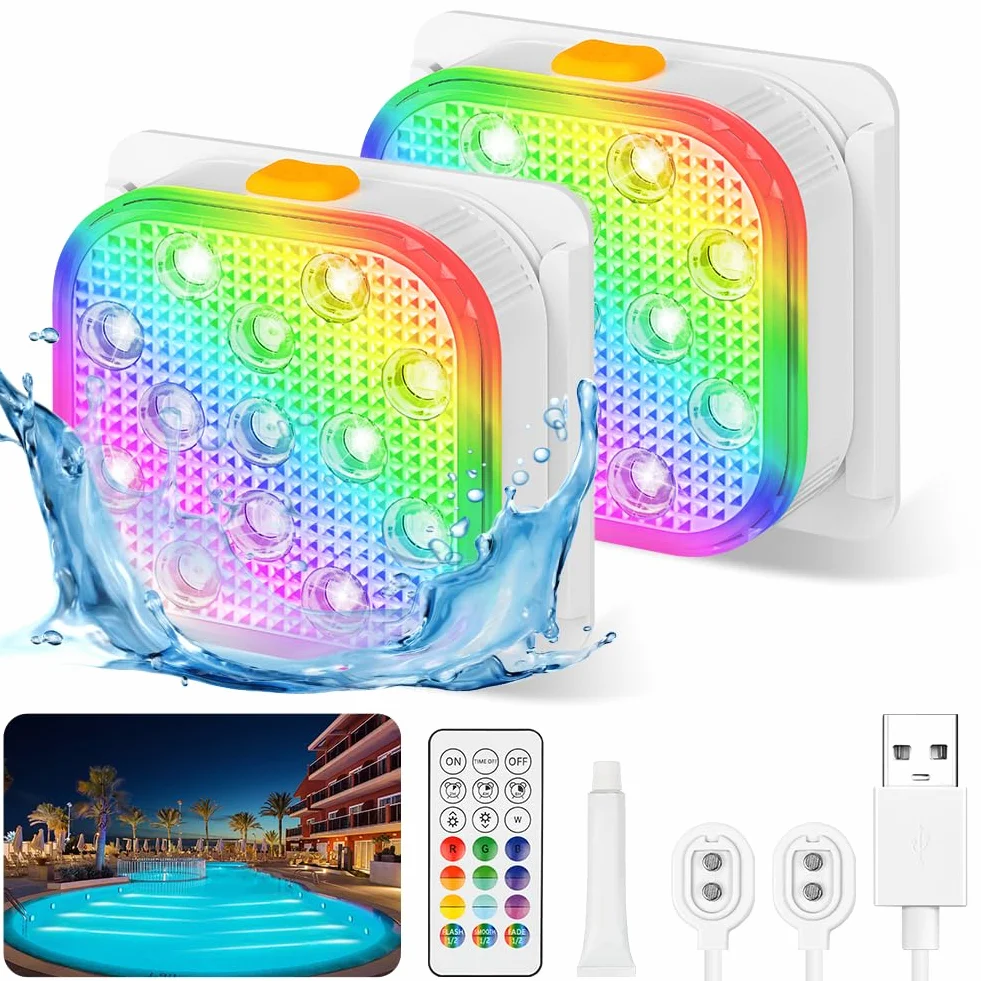Vicloon Lumières LED pour piscine, 2 pièces rechargeables LED submersibles avec télécommande, 6 modes 16 couleurs RVB, IP68 imperméables, pour bain à remous fête spa étang