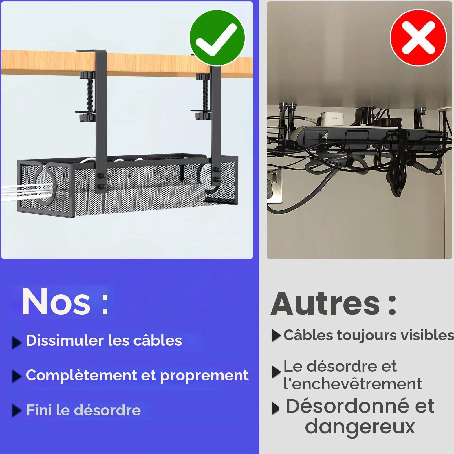 DECOHOME Plateau de Gestion des câbles sous Bureau, Panier de câbles en Maille sans perçage, Organisateur de Fils