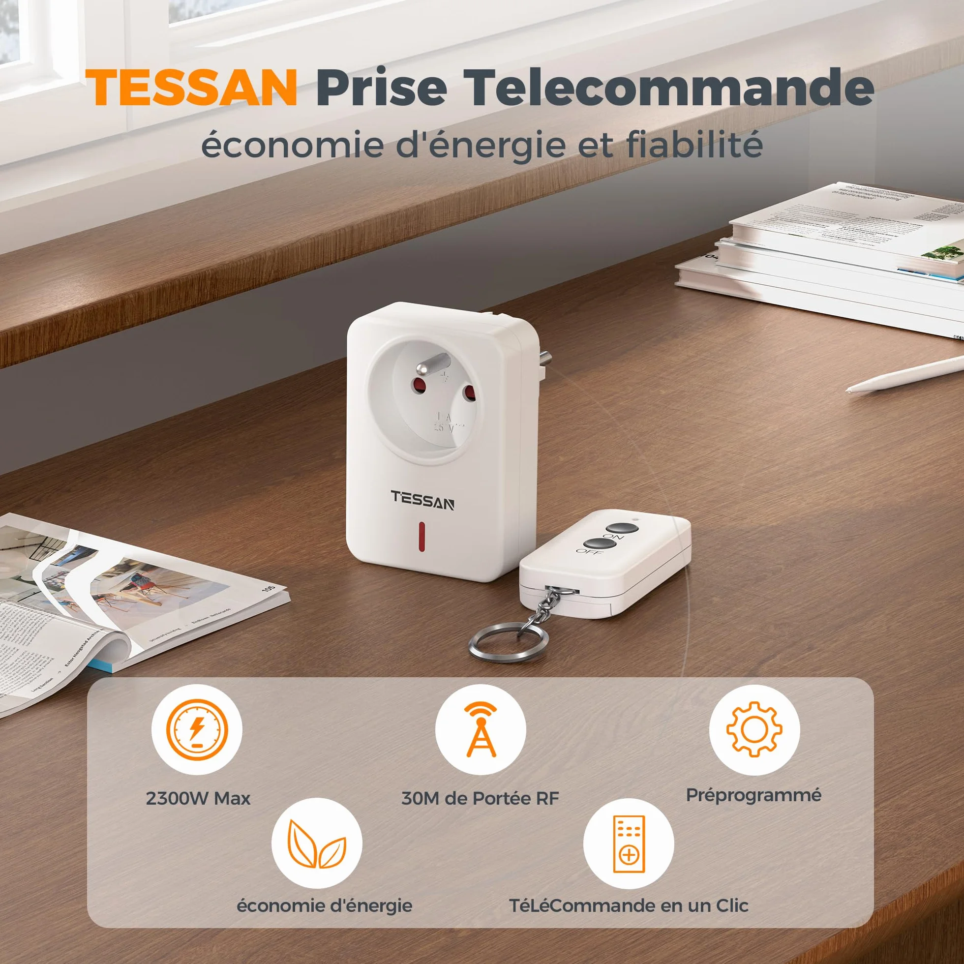 TESSAN Prise Télécommandée Sans Fil 30M 2300W Interrupteur pour Lampe Électroménager Intérieur