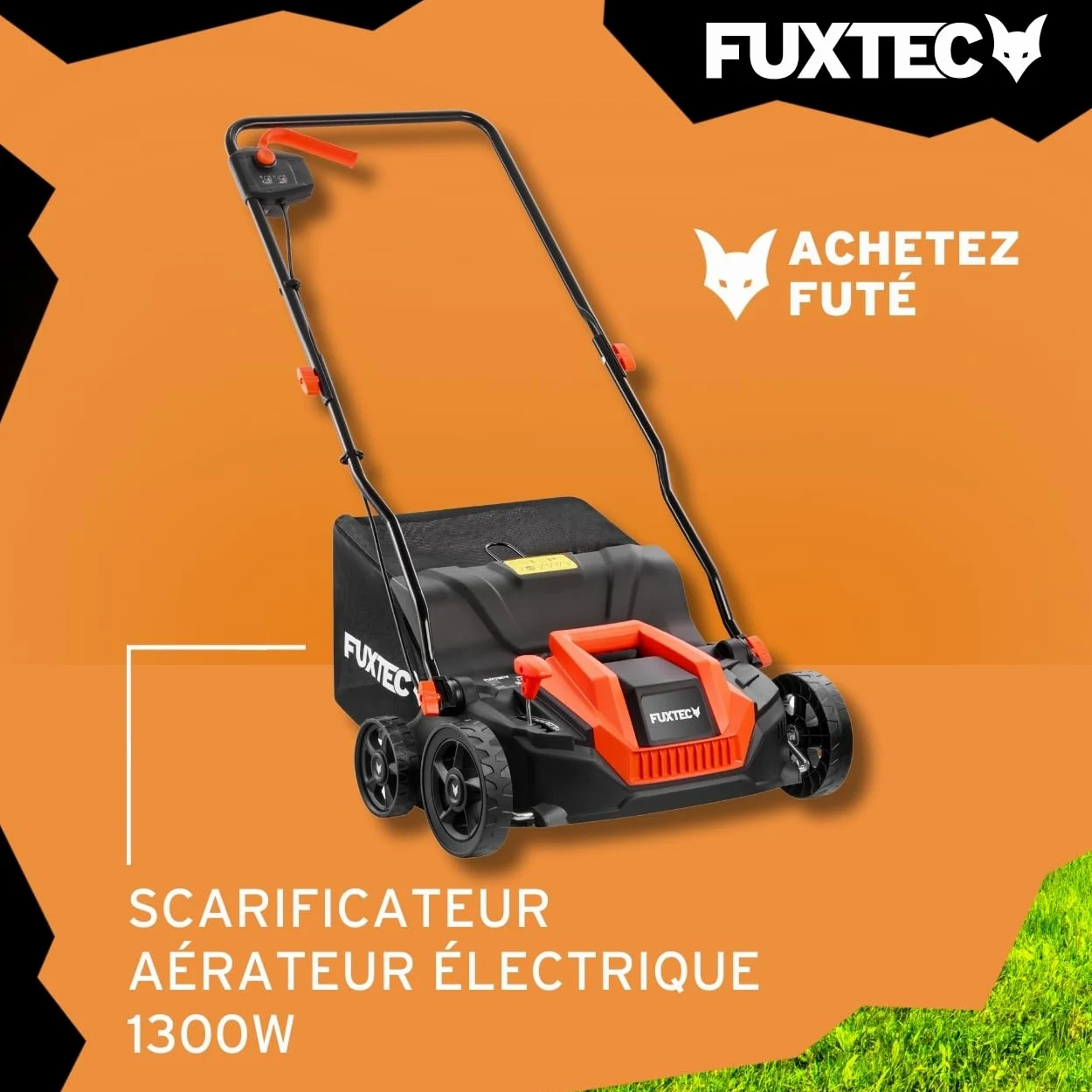 Scarificateur électrique FUXTEC, aérateur de gazon avec 1300 watts de puissance, largeur de travail 32 cm et réglages de profondeur de -12 à +10 mm, bac de ramassage 40 L