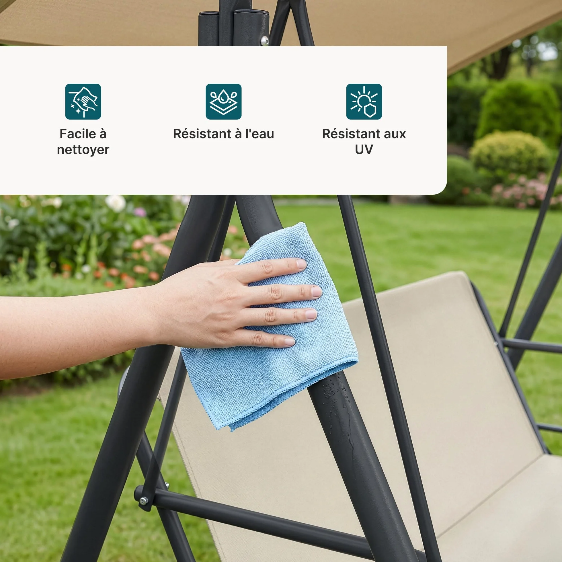 Balancelle de Jardin pour 3 Personnes avec Toit Solaire Réglable Stable Résistant aux UV et à l'eau Acier Polyester Plastique 173 x 119 x 153 cm Vert Clair Beige