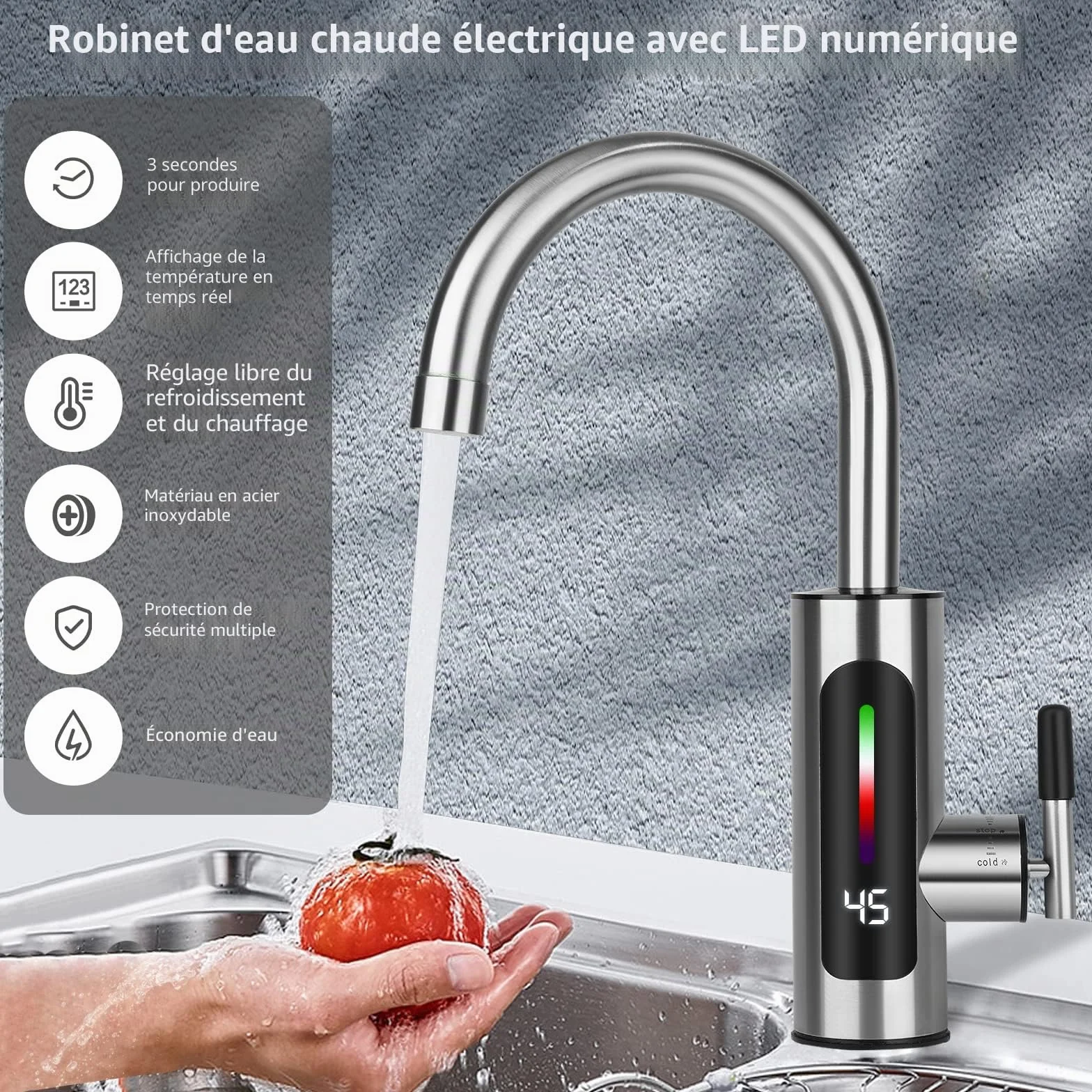 Robinet d'eau Chaude et Froide en Acier Inoxydable avec Affichage LED et Chauffe-eau Instantané, Rotatif à 360°