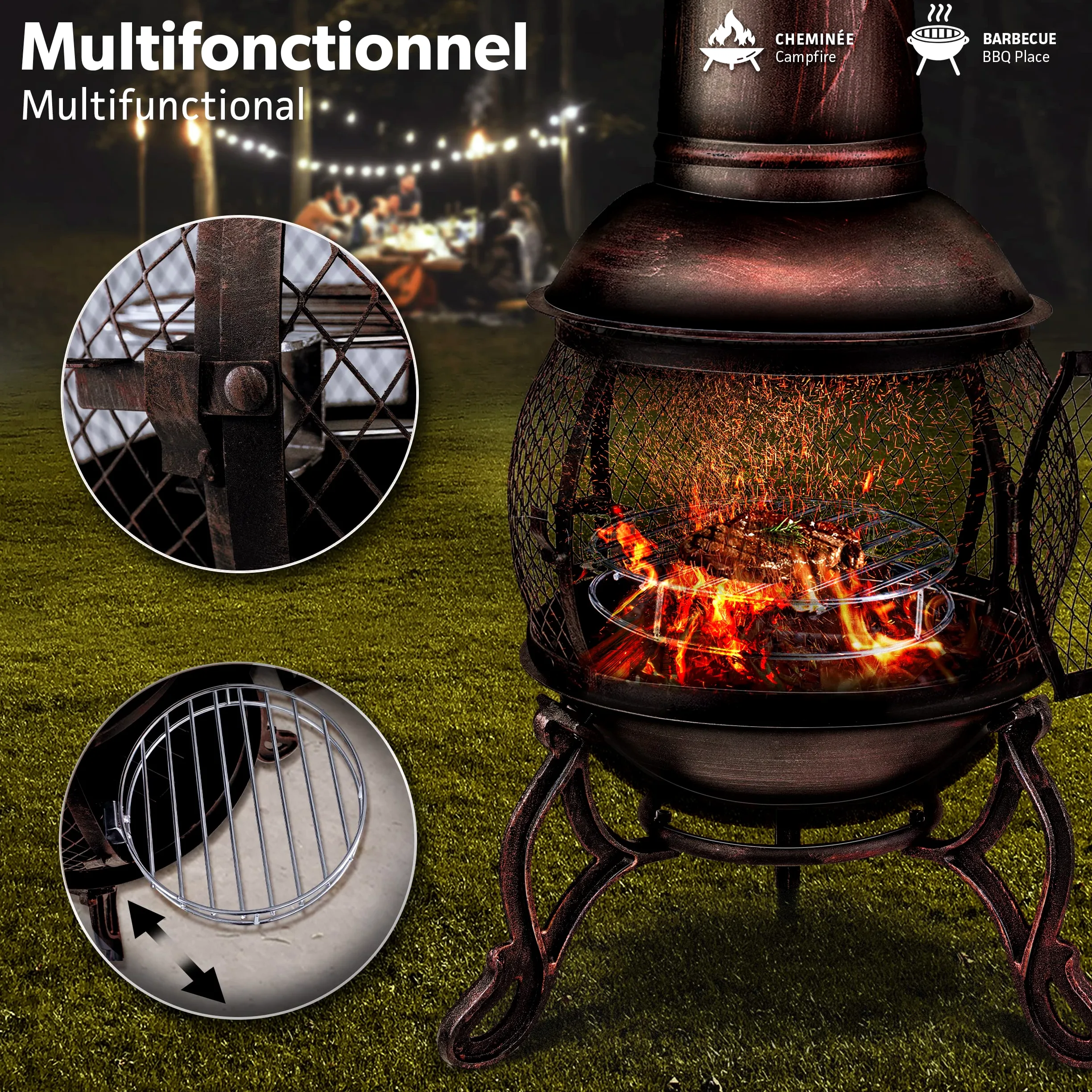 tillvex Cheminée de terrasse extérieure avec Grill | Brasero Mexicain avec Pare-étincelles | Chauffage de Jardin avec Housse | Poêle à Bois | Tisonnier + Grille, BBQ + Accessoires XXL
