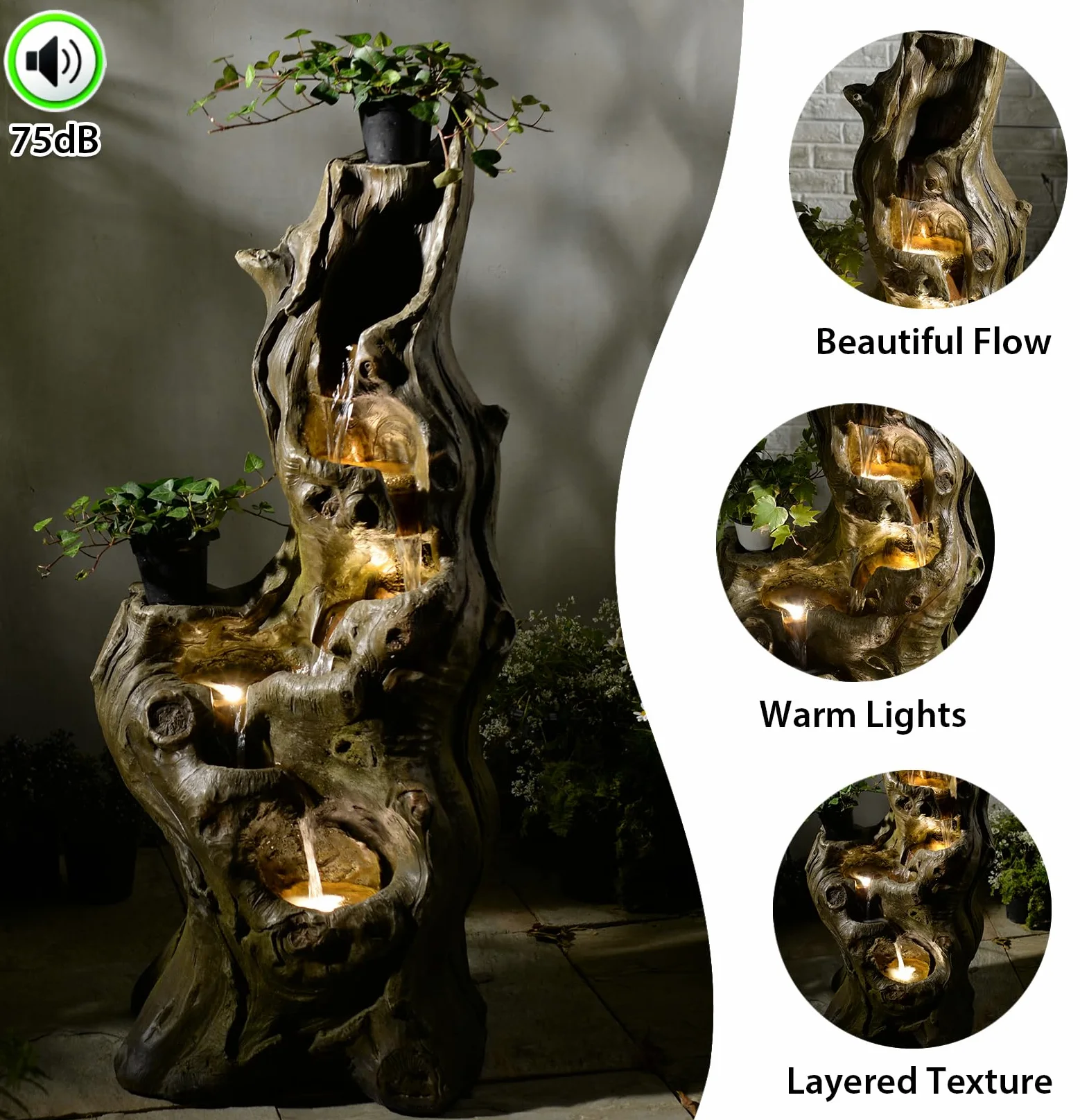 Bumilgar Caractéristiques d'eau de jardin 5 niveaux Grande cascade réaliste Tronc d'arbre naturel Fontaine extérieure en résine Imitation bois avec lumières LED pour jardin, patio, terrasse 101 CM