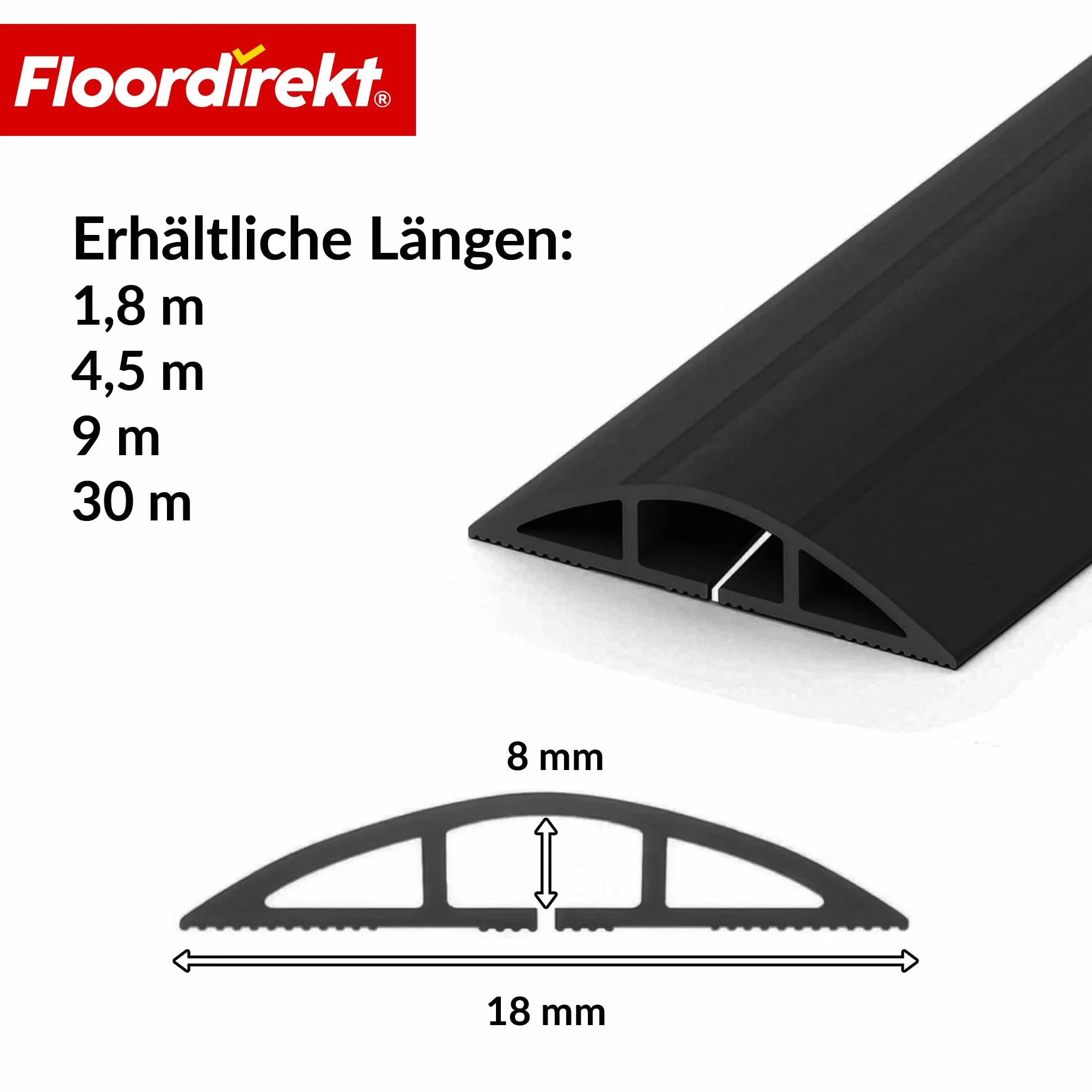 Floordirekt Cable Guard Gaine de protection anti-trébuchement pour sol 1,8 m protection 2 câbles Noir
