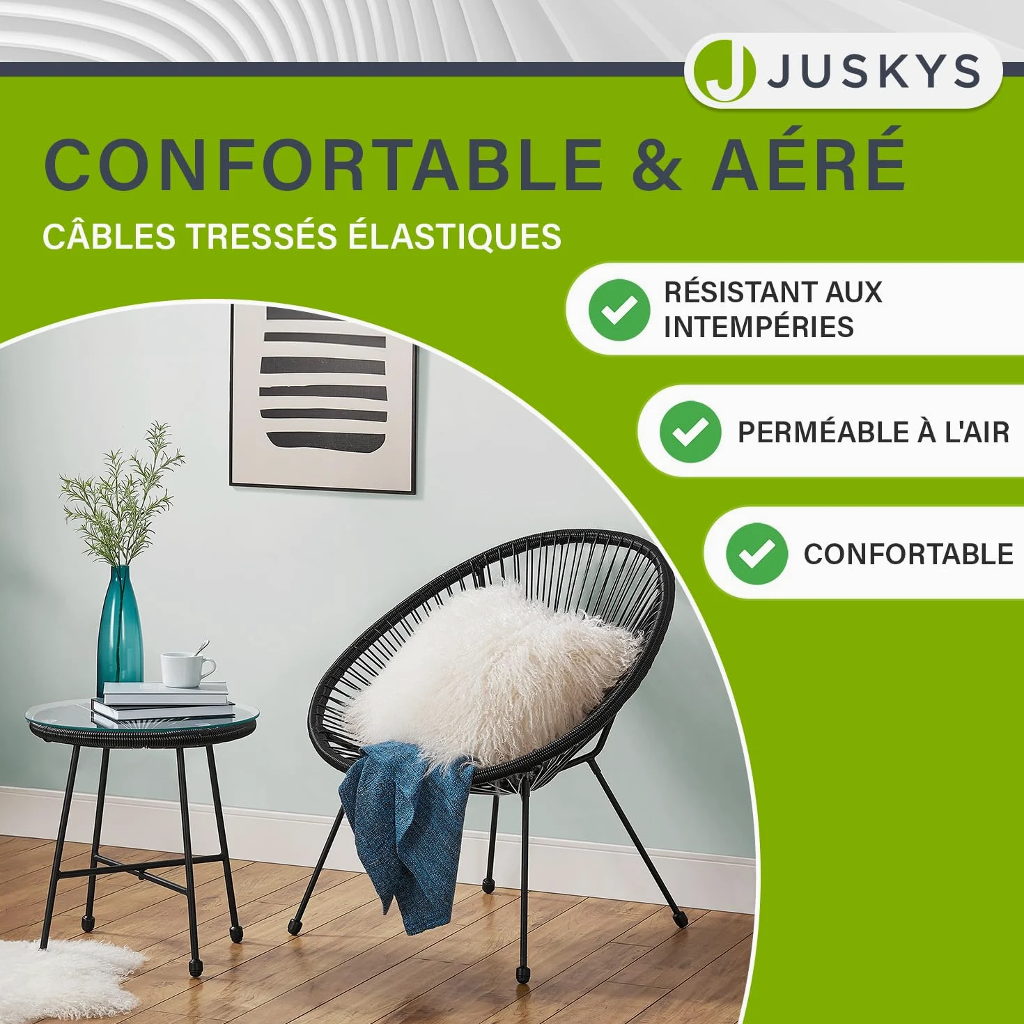 Juskys Ensemble de Meubles de Balcon Ostana en 3 Parties - Table et 2 fauteuils - Groupe de sièges élégant pour Balcon, terrasse et Jardin - Ensemble de Meubles de Jardin pour Balcon Noir