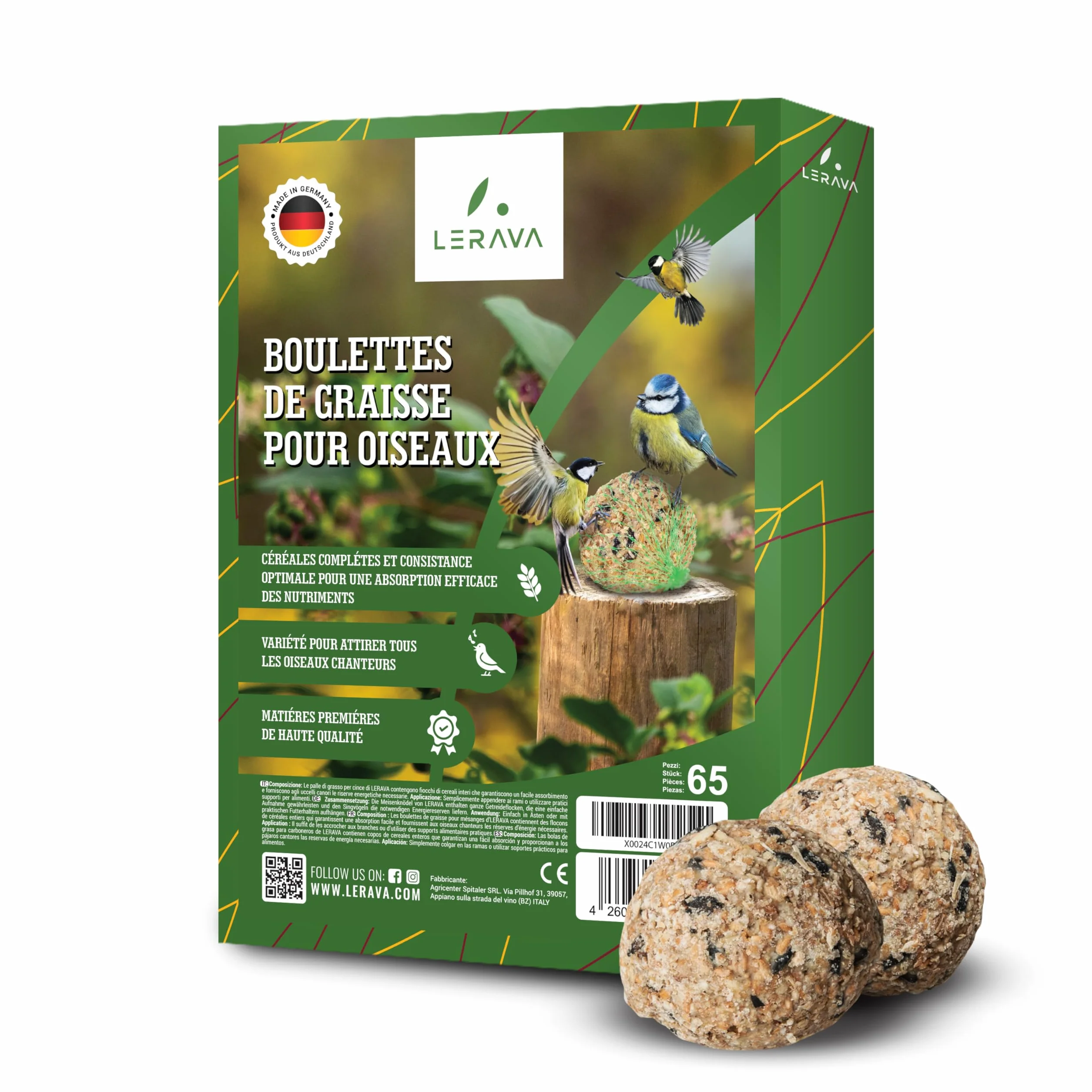 LERAVA Boules de Graisse pour Oiseaux du Jardin 65 pièces Nourriture énergétique Flocons de céréales