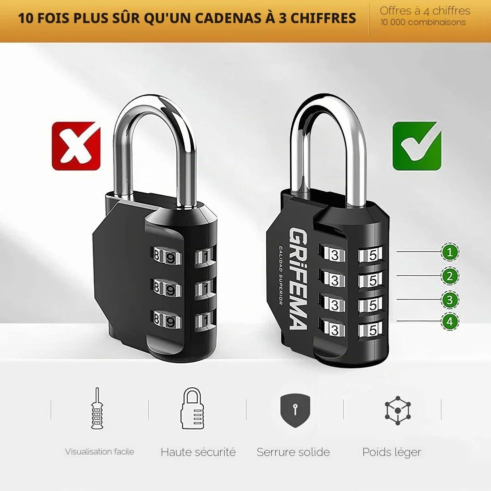 GRIFEMA GA1001-1 Cadenas Code 4 Chiffres Résistant Aux Intempéries Alliage de Zinc Noir