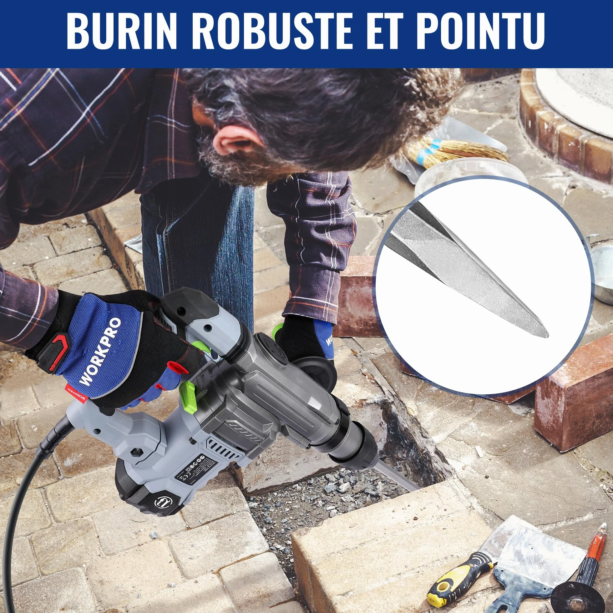 WORKPRO Jeu de Forets et Burins SDS Plus 17 Pièces, Forets à Béton avec Burins Pointus et Plats pour Maçonnerie